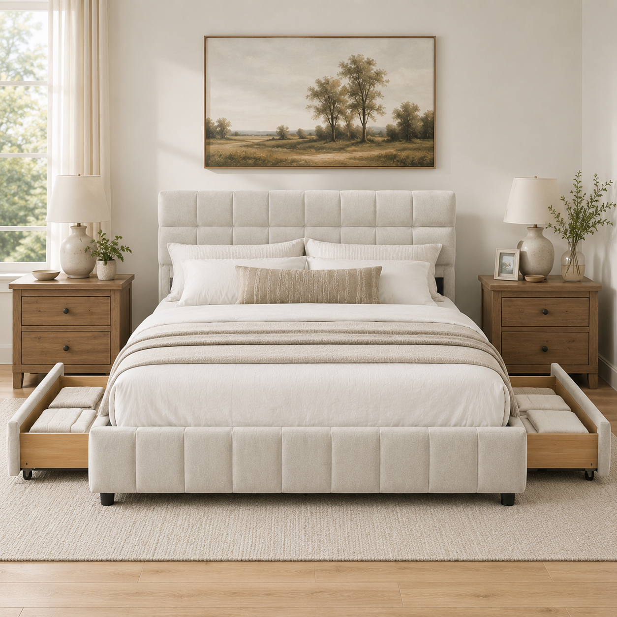 Clara Queen Chenille Upholstered Storage Platform Bed with 4 Under-Bed Drawers