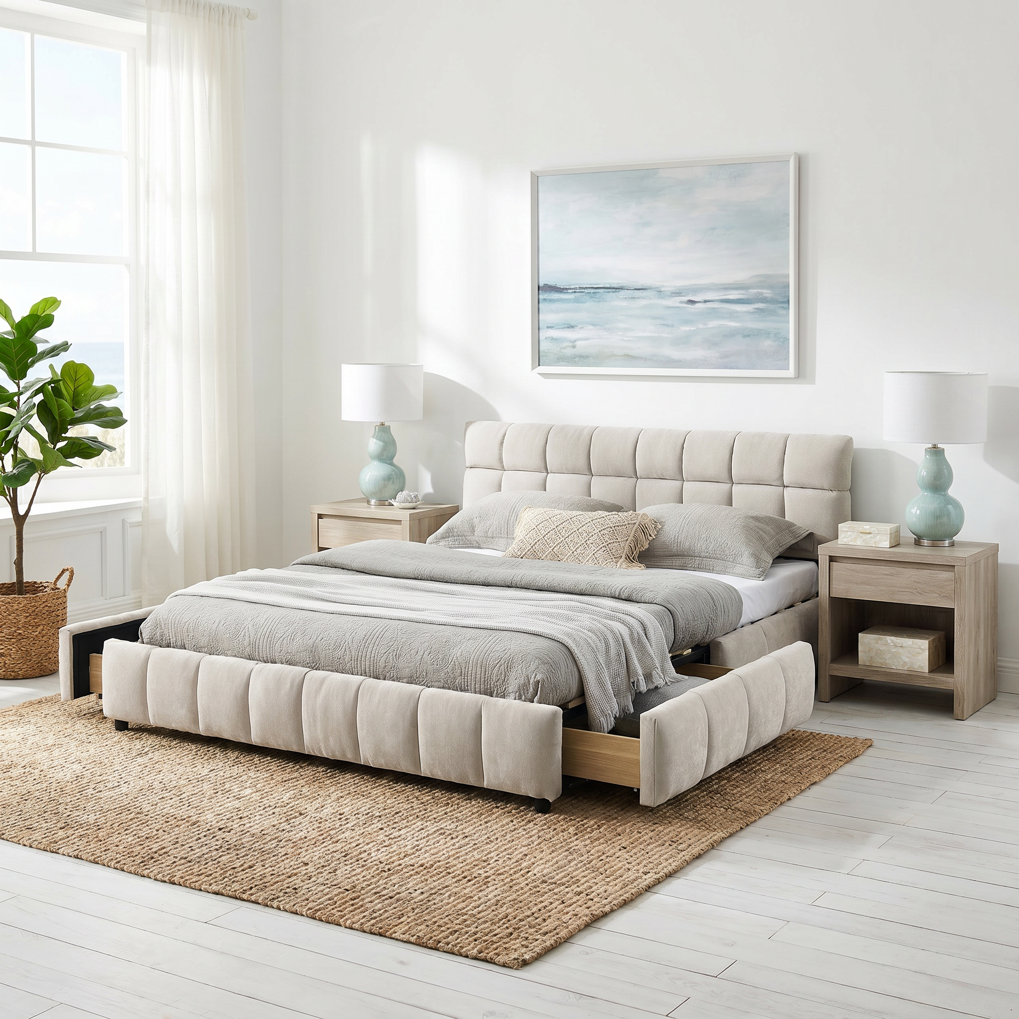 Clara Queen Chenille Upholstered Storage Platform Bed with 4 Under-Bed Drawers