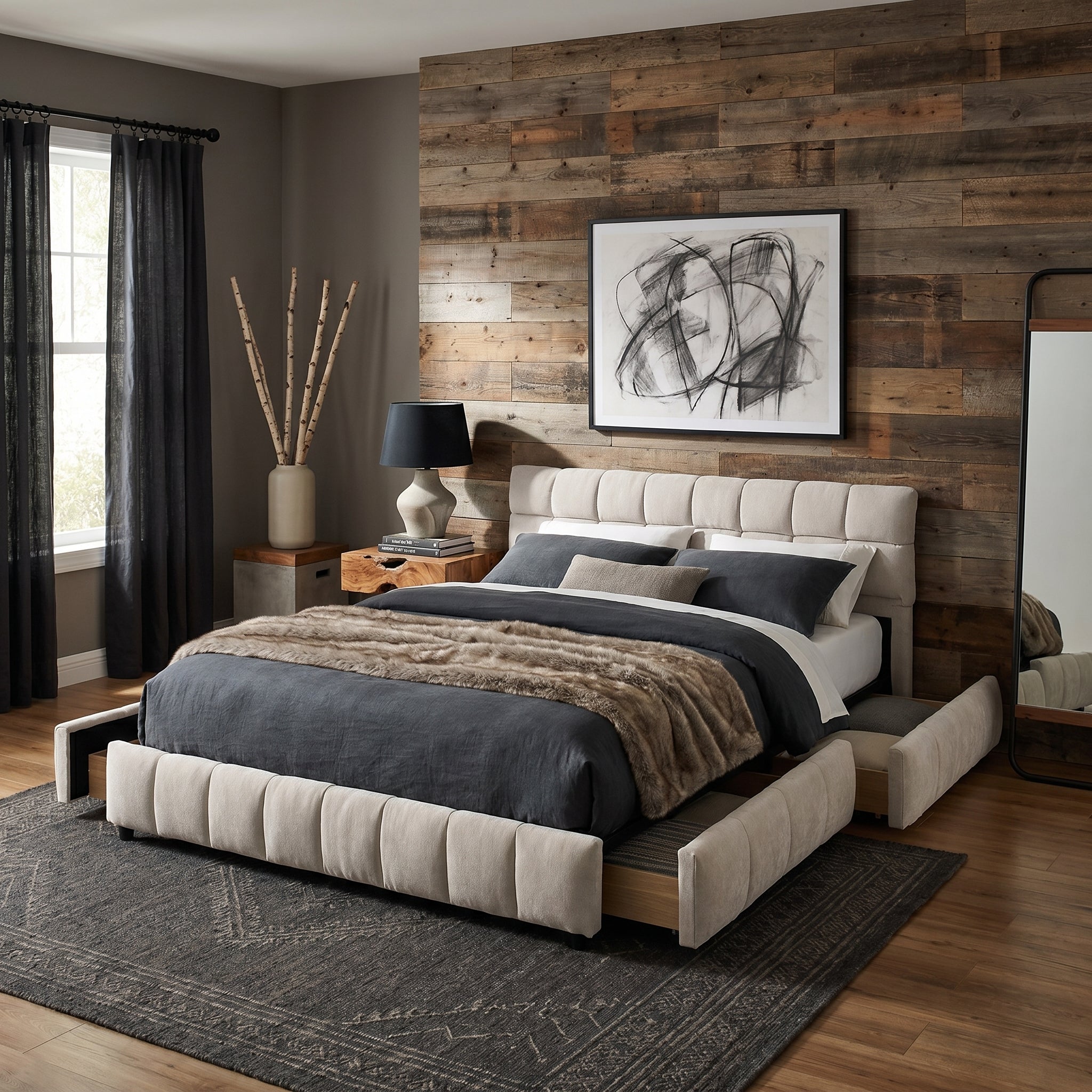 Clara Queen Chenille Upholstered Storage Platform Bed with 4 Under-Bed Drawers