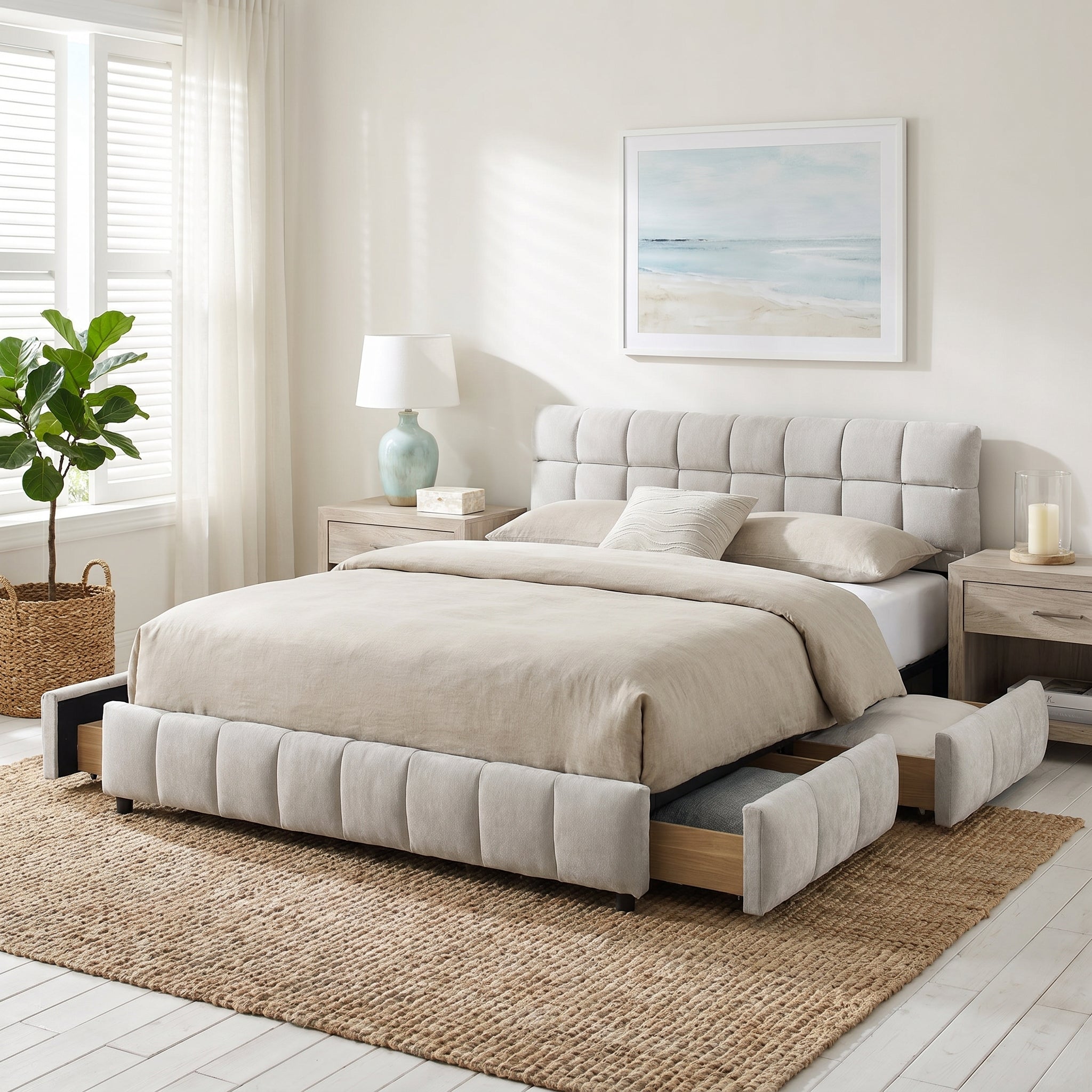Clara Queen Chenille Upholstered Storage Platform Bed with 4 Under-Bed Drawers