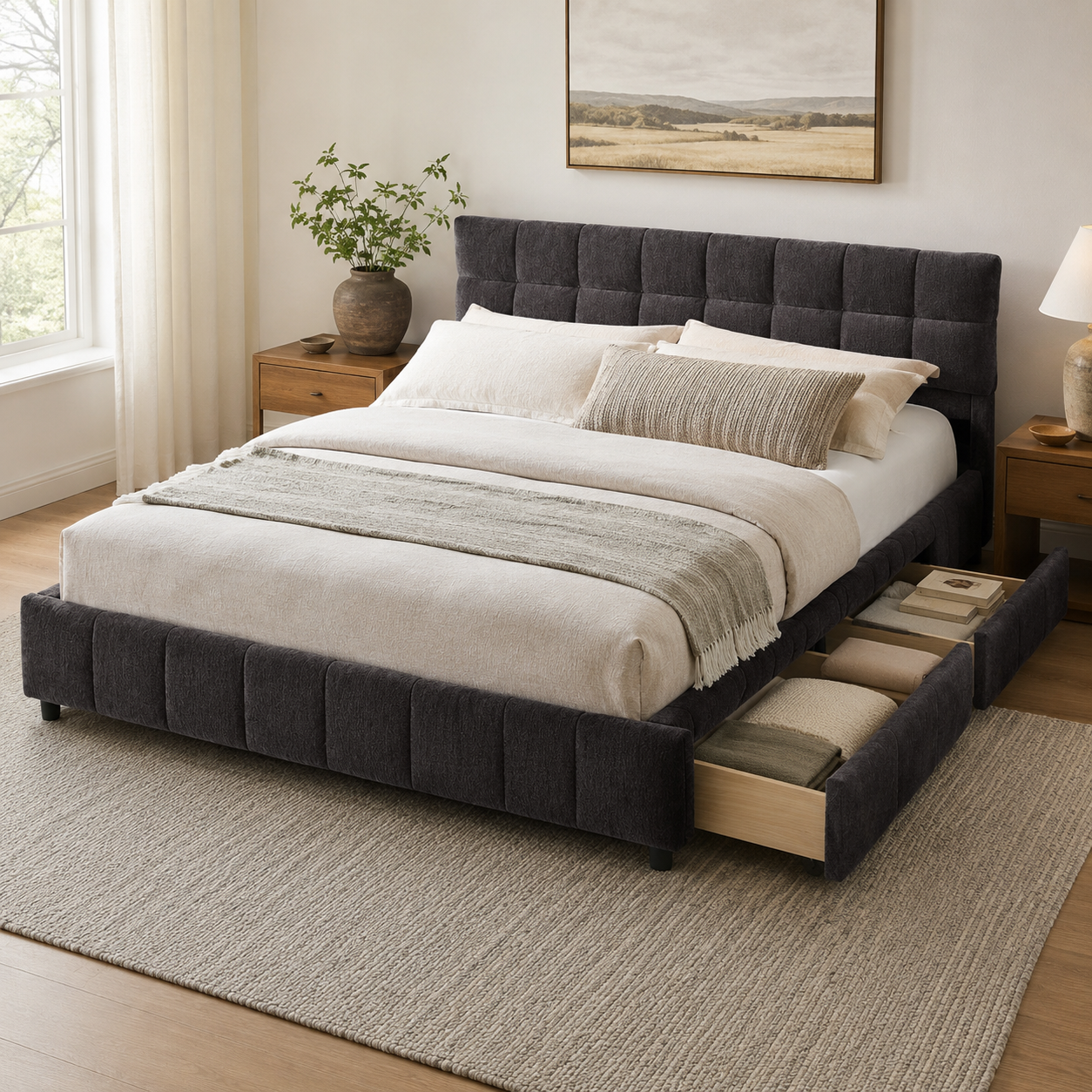 Clara California King Chenille Upholstered Storage Platform Bed with 4 Under-Bed Drawers