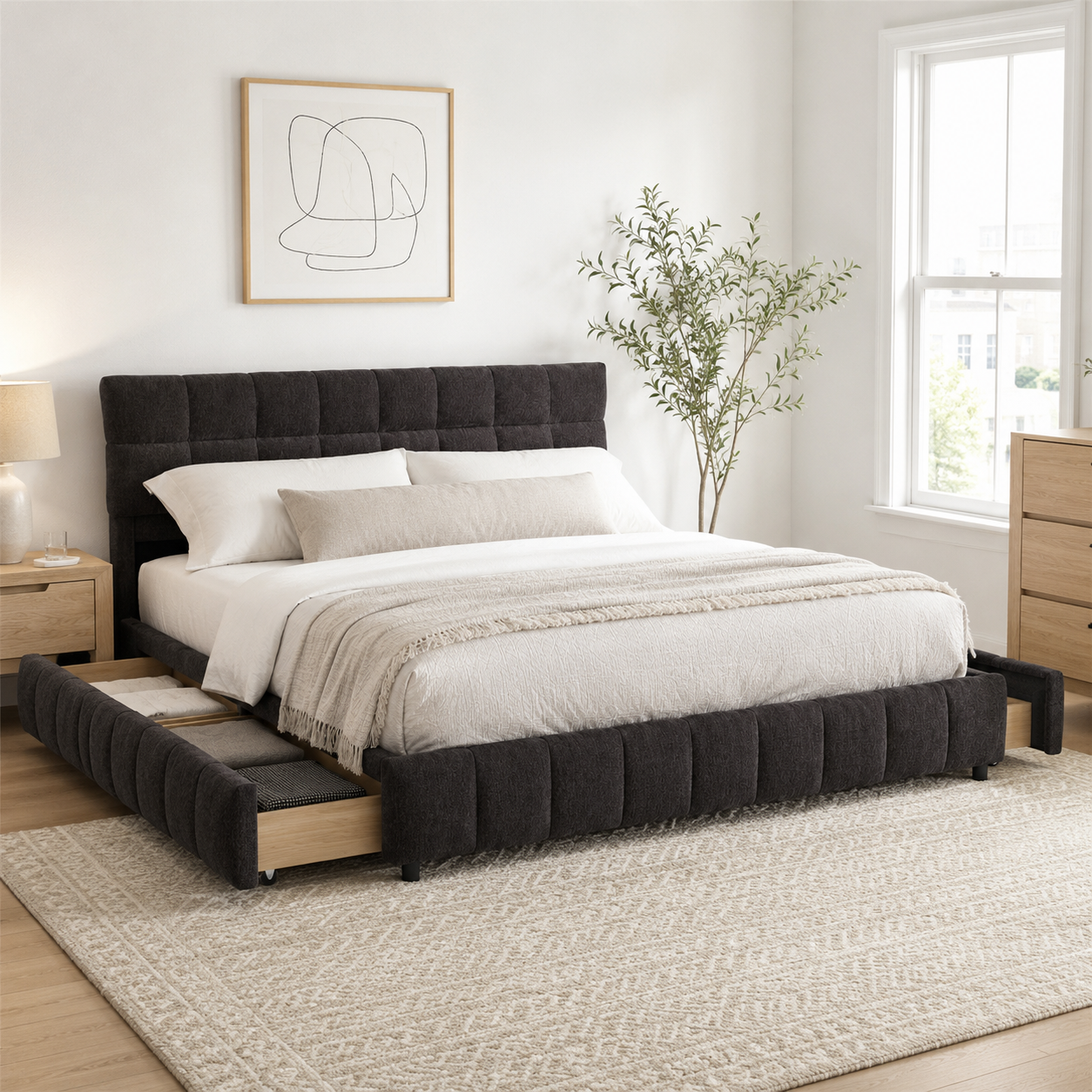 Clara Queen Chenille Upholstered Storage Platform Bed with 4 Under-Bed Drawers