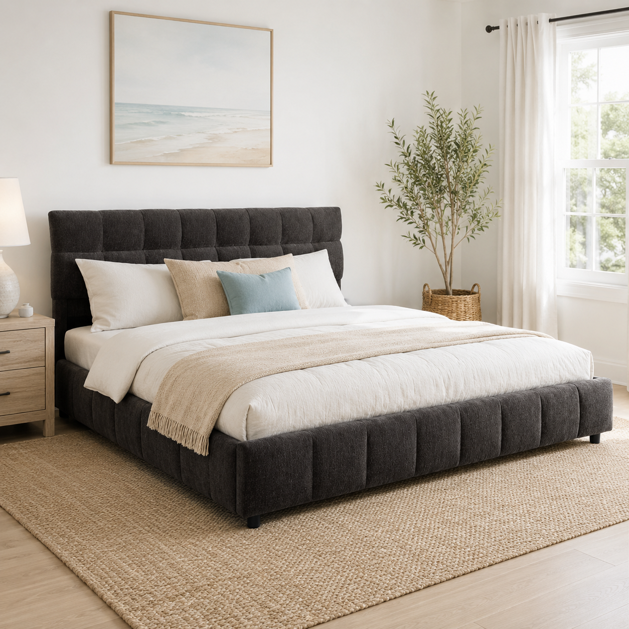 Clara Queen Chenille Upholstered Storage Platform Bed with 4 Under-Bed Drawers
