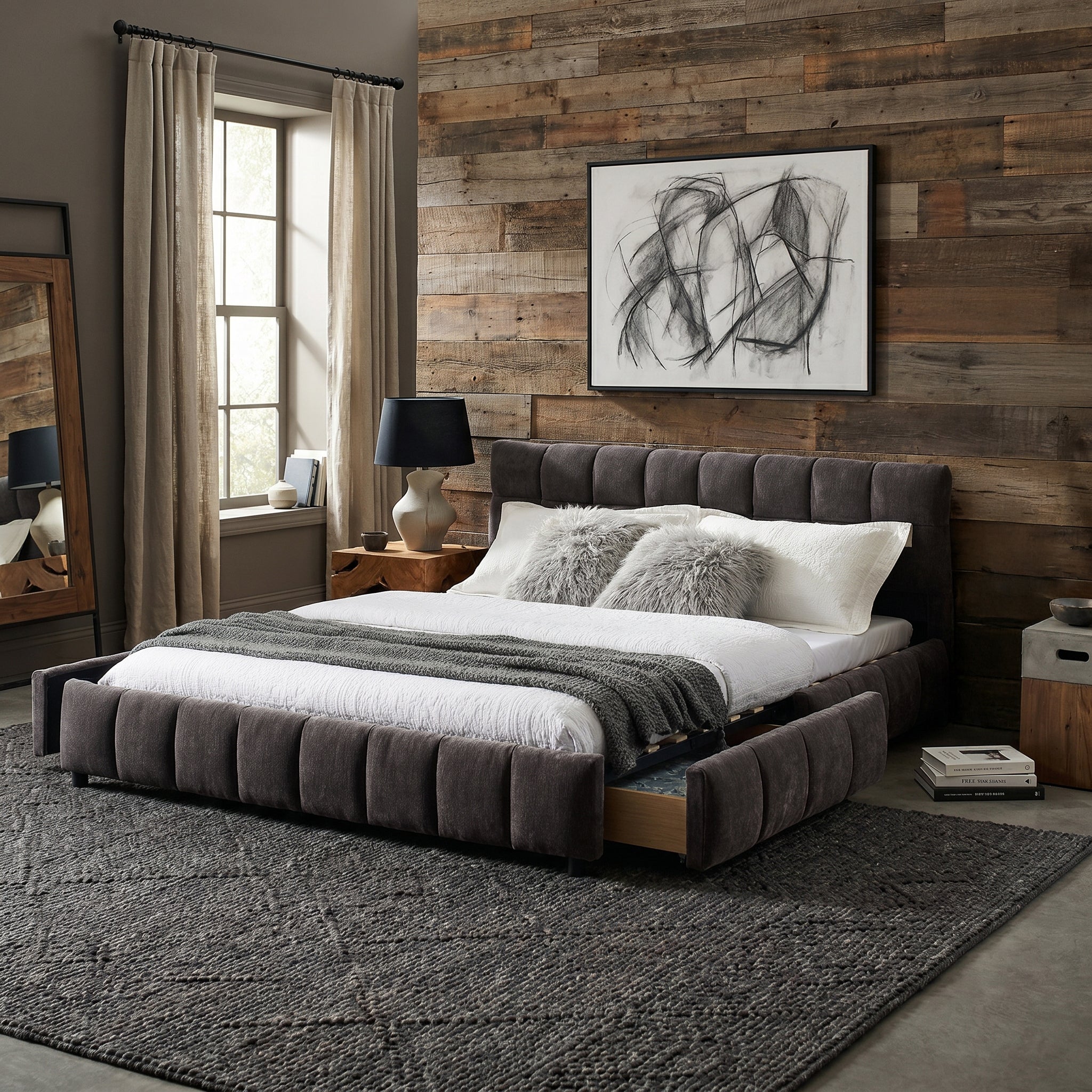 Clara Queen Chenille Upholstered Storage Platform Bed with 4 Under-Bed Drawers