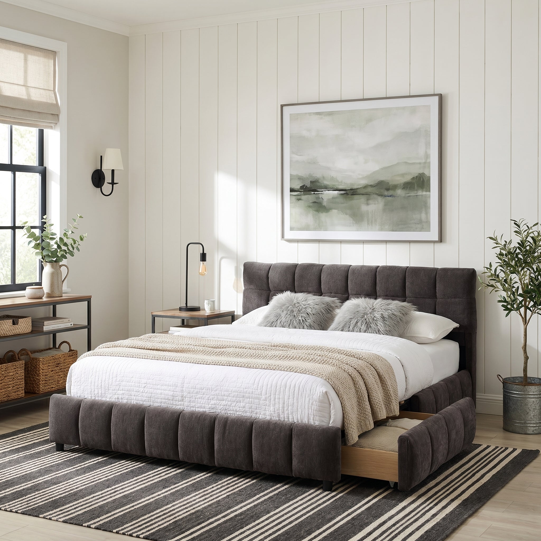 Clara Queen Chenille Upholstered Storage Platform Bed with 4 Under-Bed Drawers