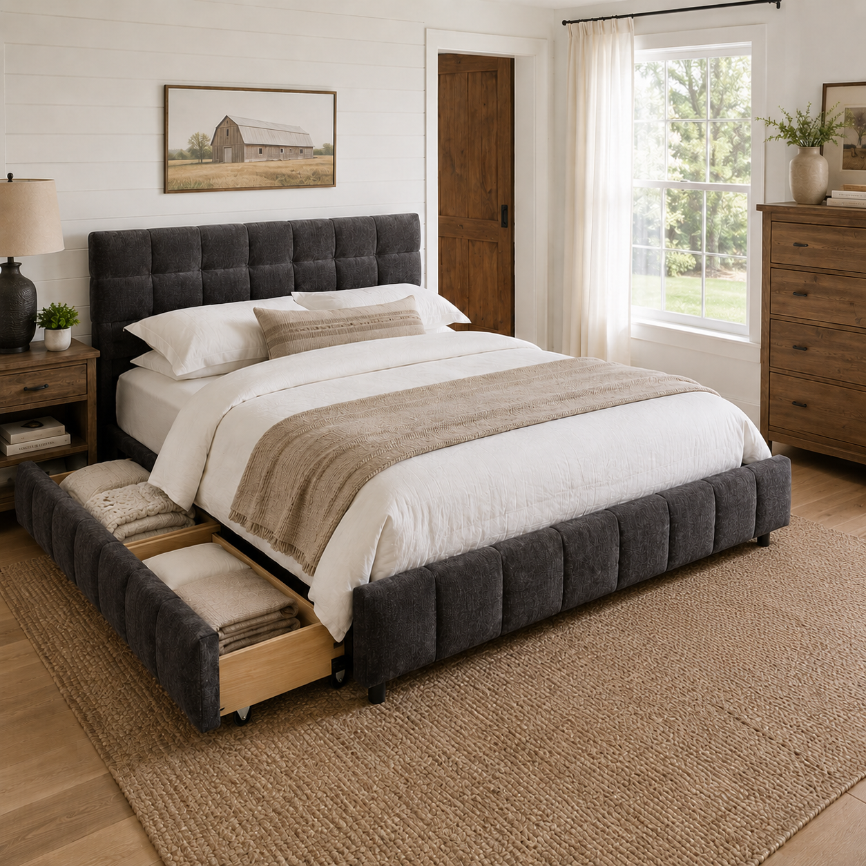 Clara Queen Chenille Upholstered Storage Platform Bed with 4 Under-Bed Drawers