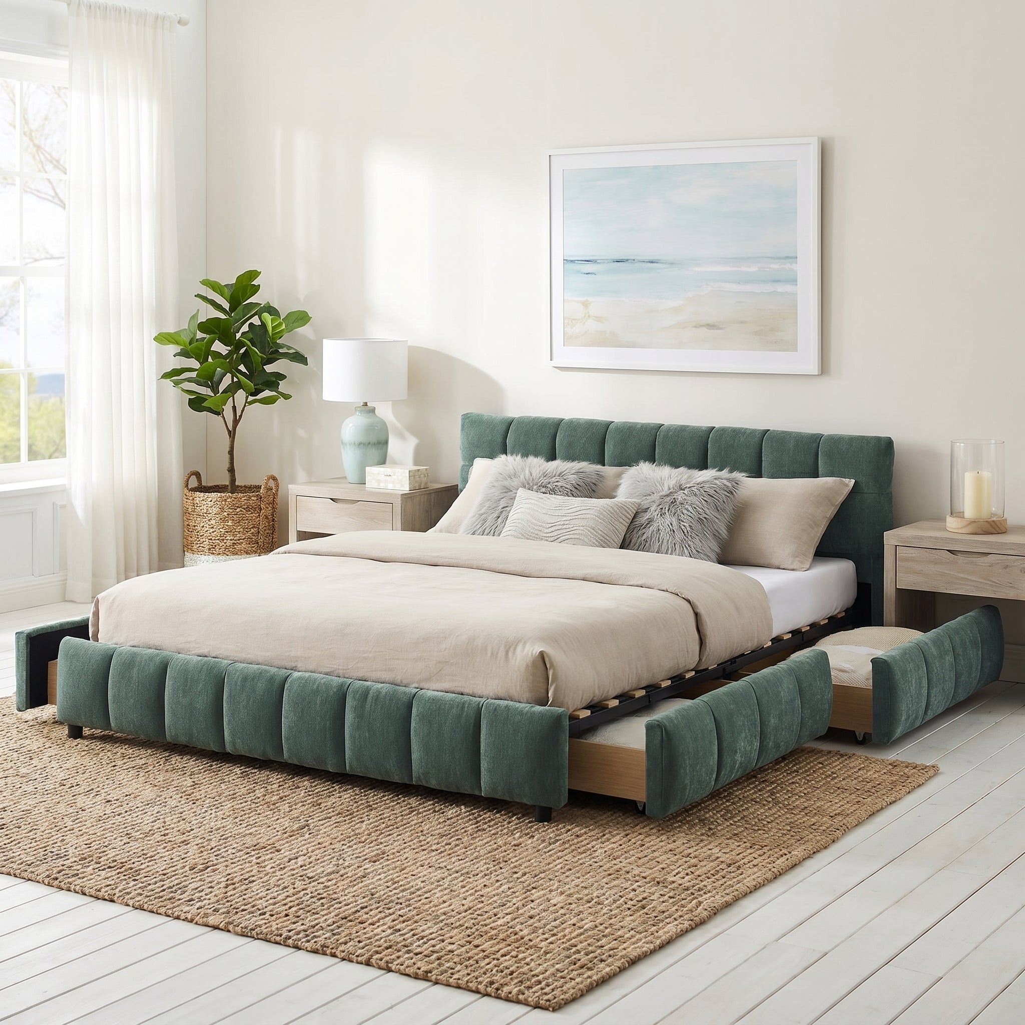 Clara Queen Chenille Upholstered Storage Platform Bed with 4 Under-Bed Drawers