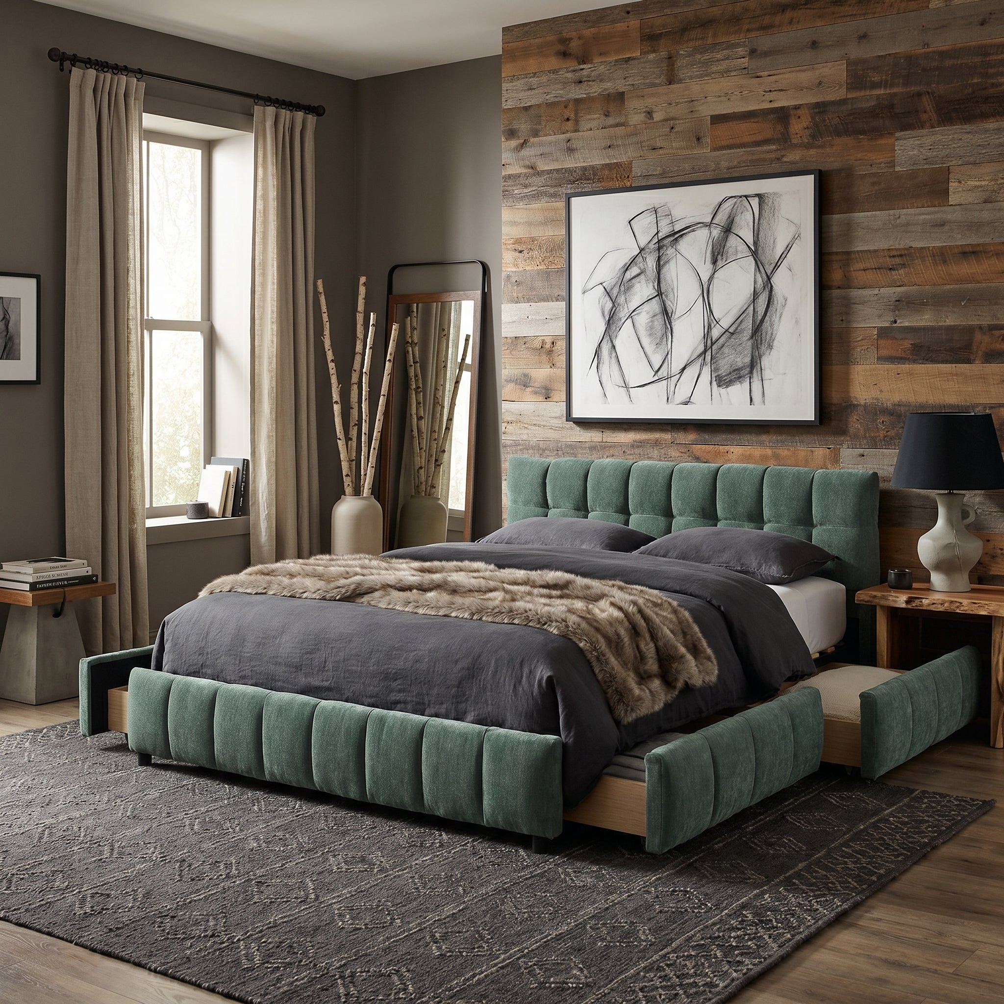 Clara Queen Chenille Upholstered Storage Platform Bed with 4 Under-Bed Drawers