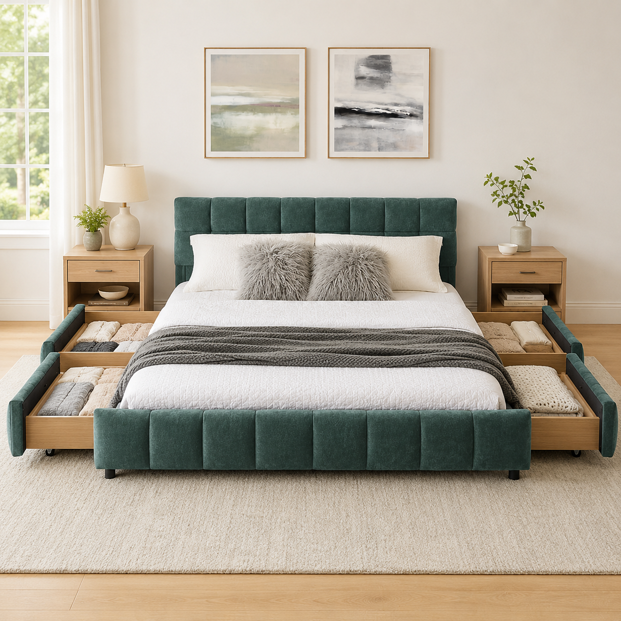 Clara Queen Chenille Upholstered Storage Platform Bed with 4 Under-Bed Drawers
