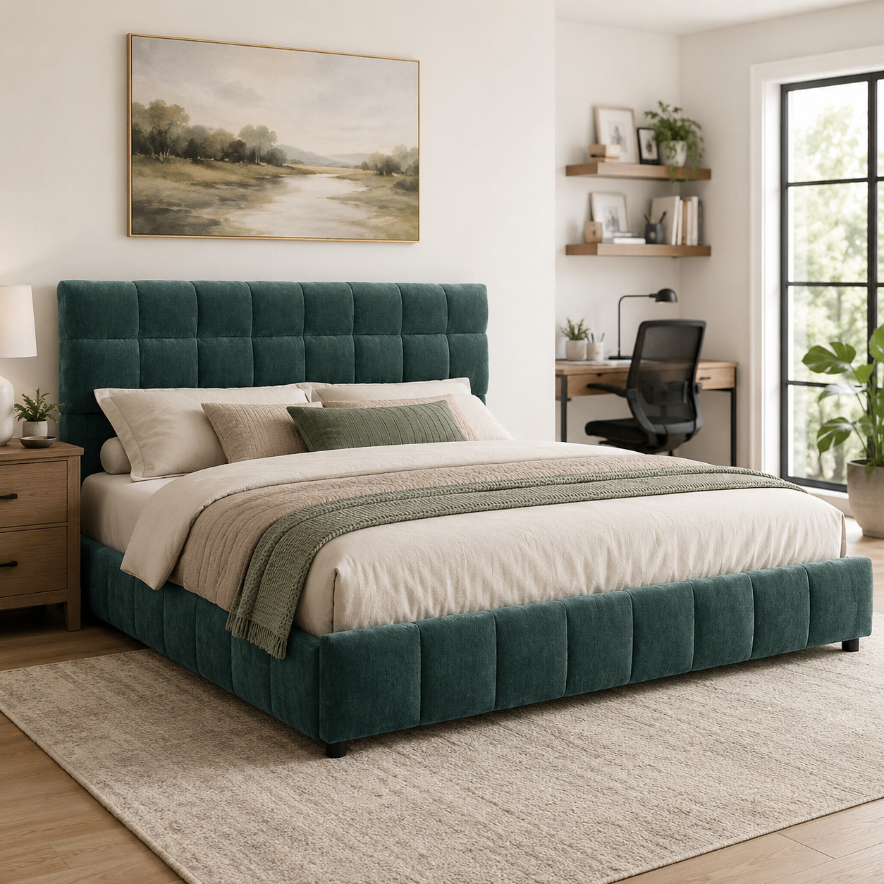 Clara Queen Chenille Upholstered Storage Platform Bed with 4 Under-Bed Drawers