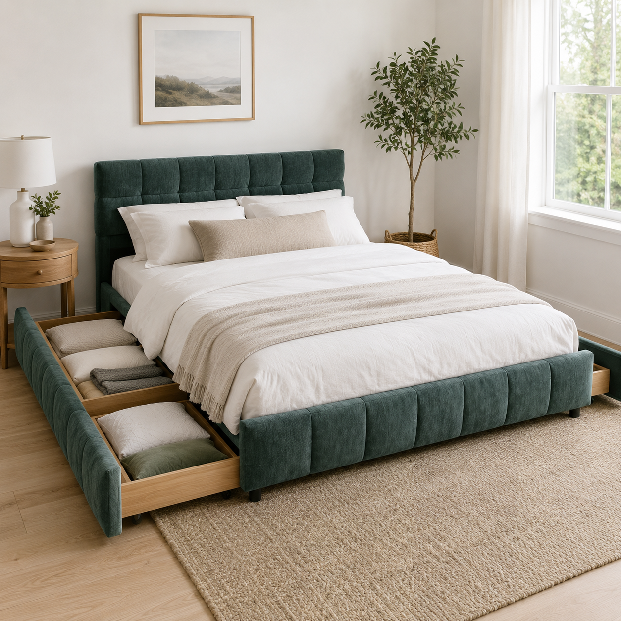 Clara Queen Chenille Upholstered Storage Platform Bed with 4 Under-Bed Drawers