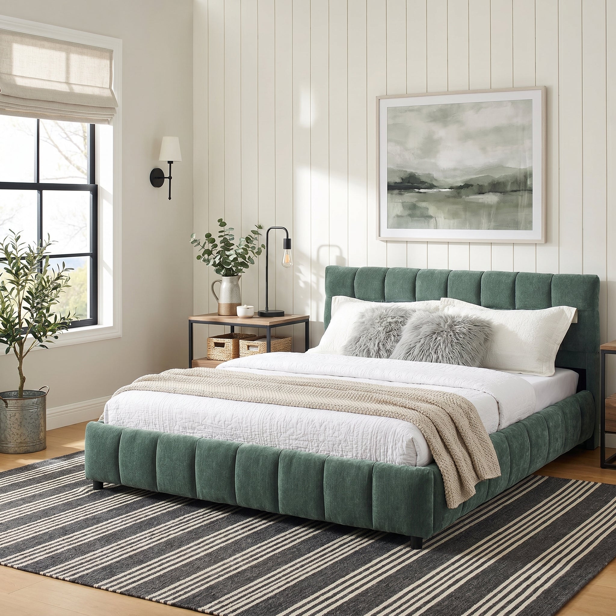 Clara Queen Chenille Upholstered Storage Platform Bed with 4 Under-Bed Drawers