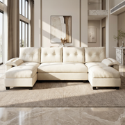 Clovis beige U-shaped sleeper sofa showing front lifestyle view with dual chaise lounges