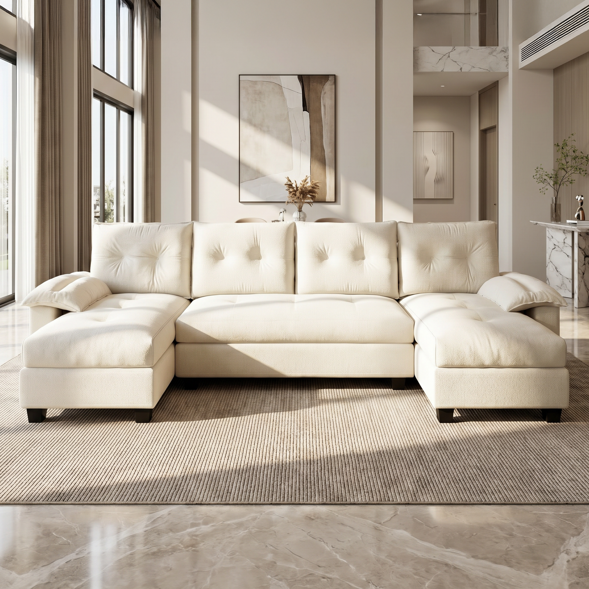 Clovis beige U-shaped sleeper sofa showing front lifestyle view with dual chaise lounges