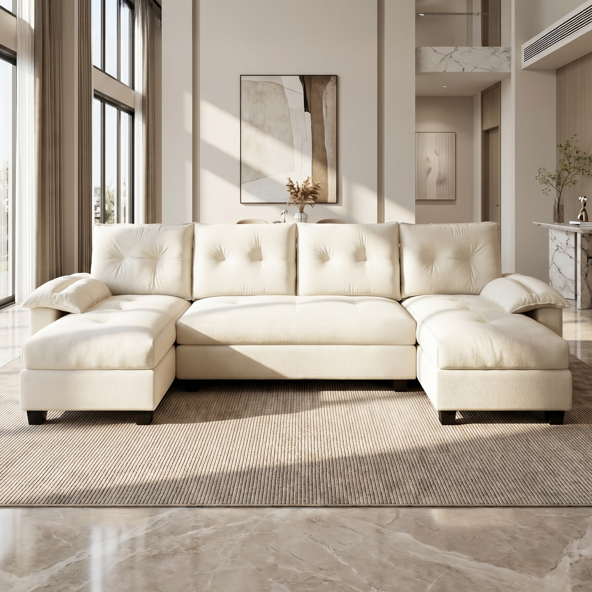 Clovis beige U-shaped sleeper sofa showing front lifestyle view with dual chaise lounges