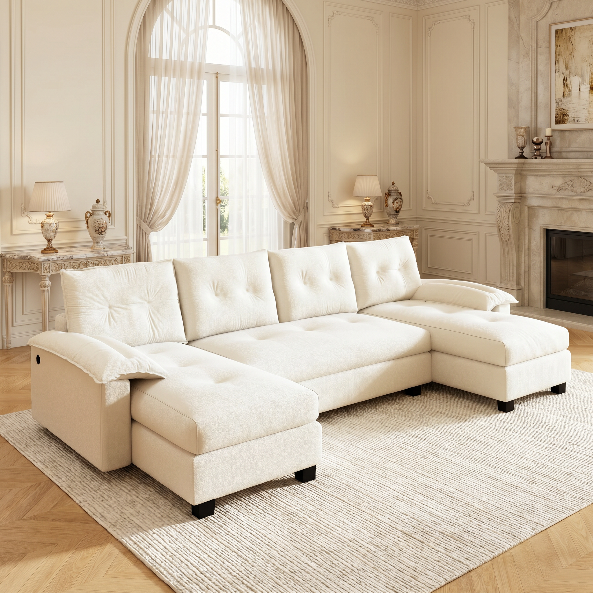 Clovis beige U-shaped sleeper sofa showing lifestyle side angle with chaise seating