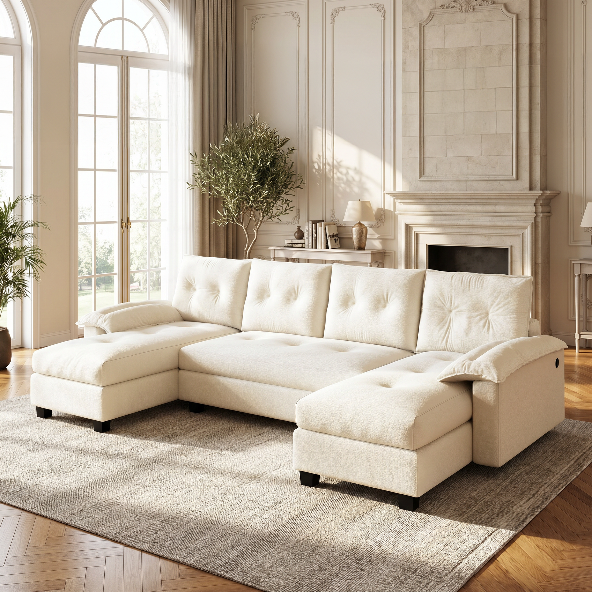 Clovis beige sleeper sectional sofa showing angled lifestyle view in classic living room