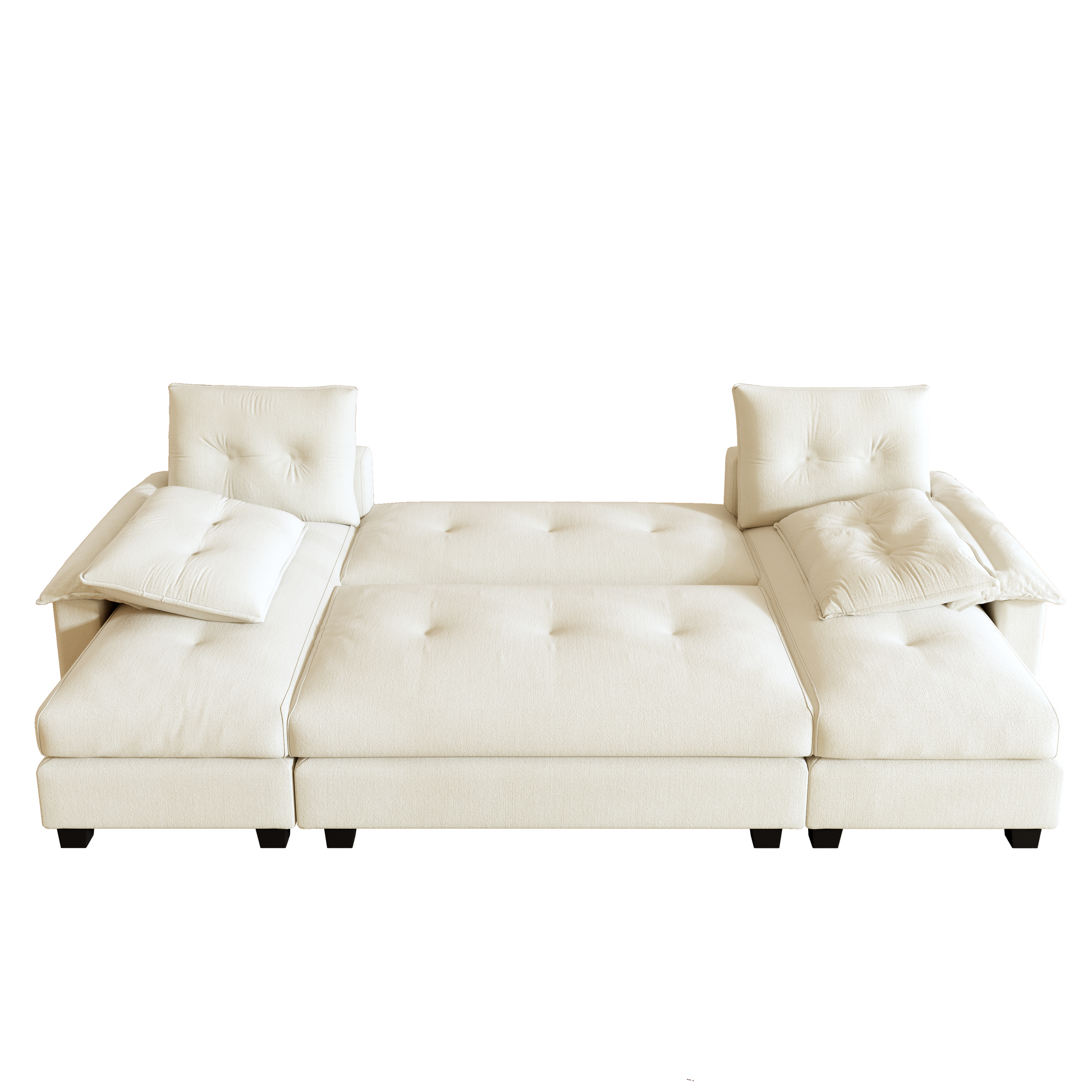 Clovis beige sleeper sofa showing extended bed configuration with flat sleeping surface