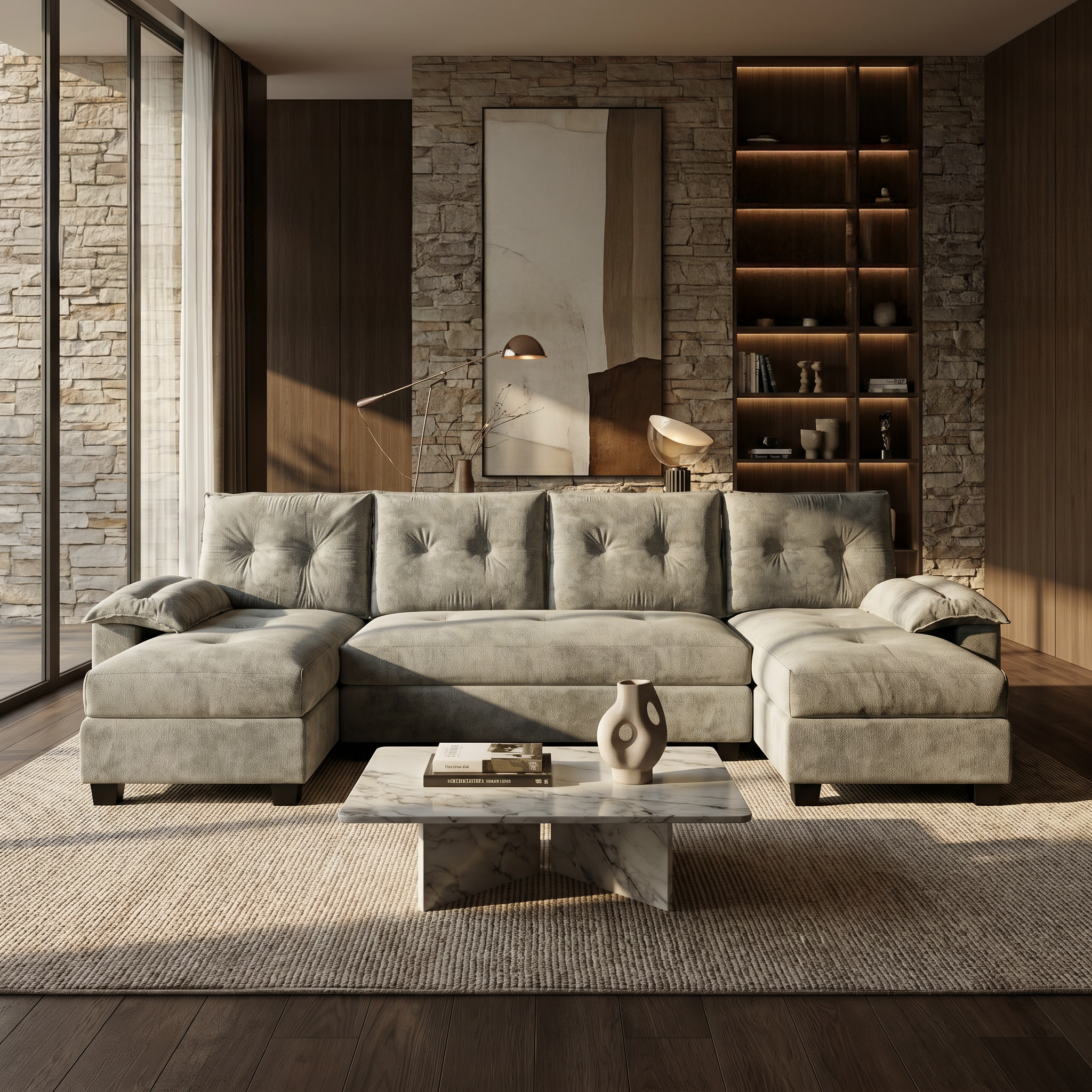 Clovis grey U-shaped sleeper sofa showing front lifestyle view in modern living room