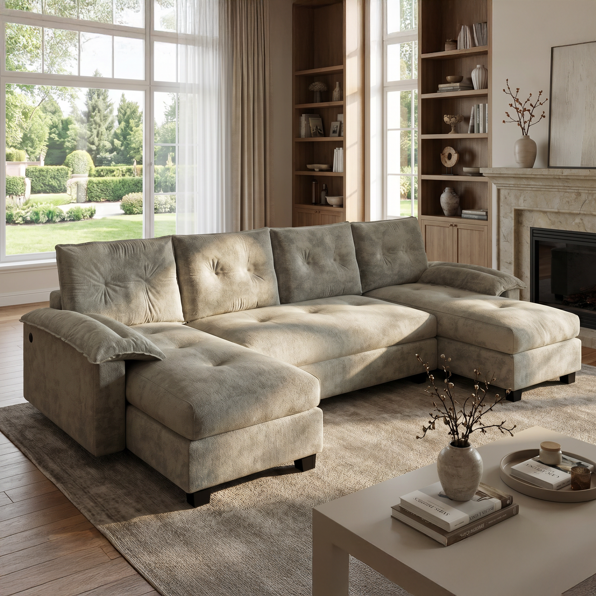 Clovis grey sleeper sectional sofa showing angled lifestyle view with chaise lounges