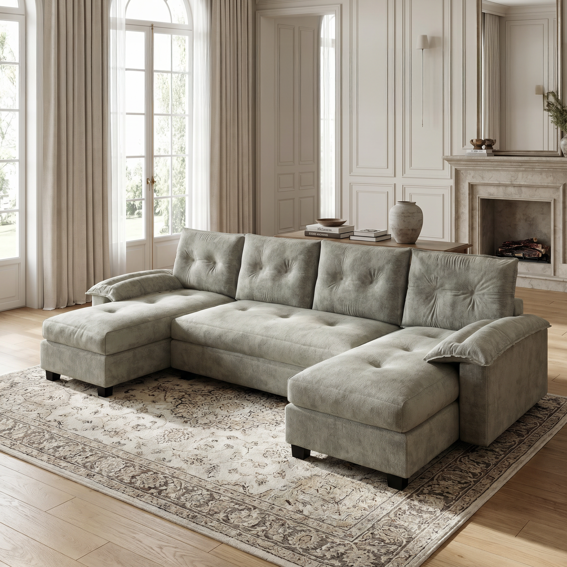 Clovis grey U-shaped sofa showing lifestyle view in elegant living room