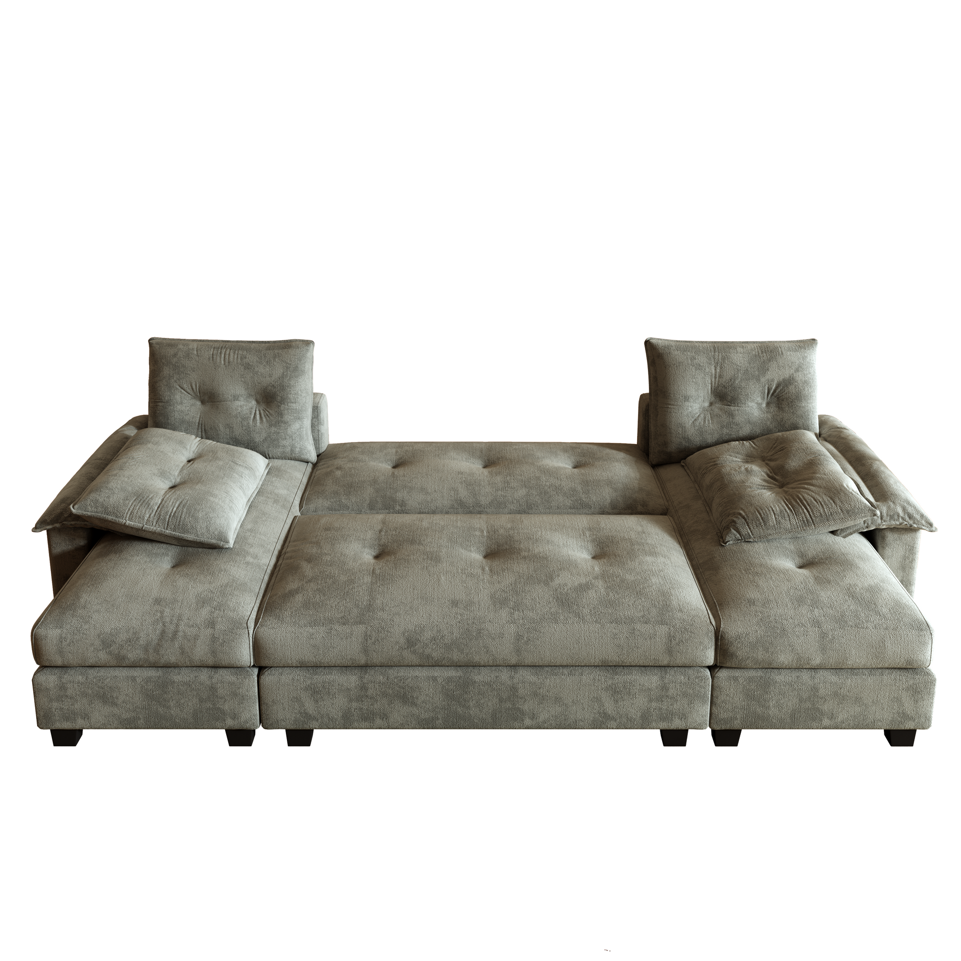 Clovis grey sleeper sofa showing flat bed configuration with cushions