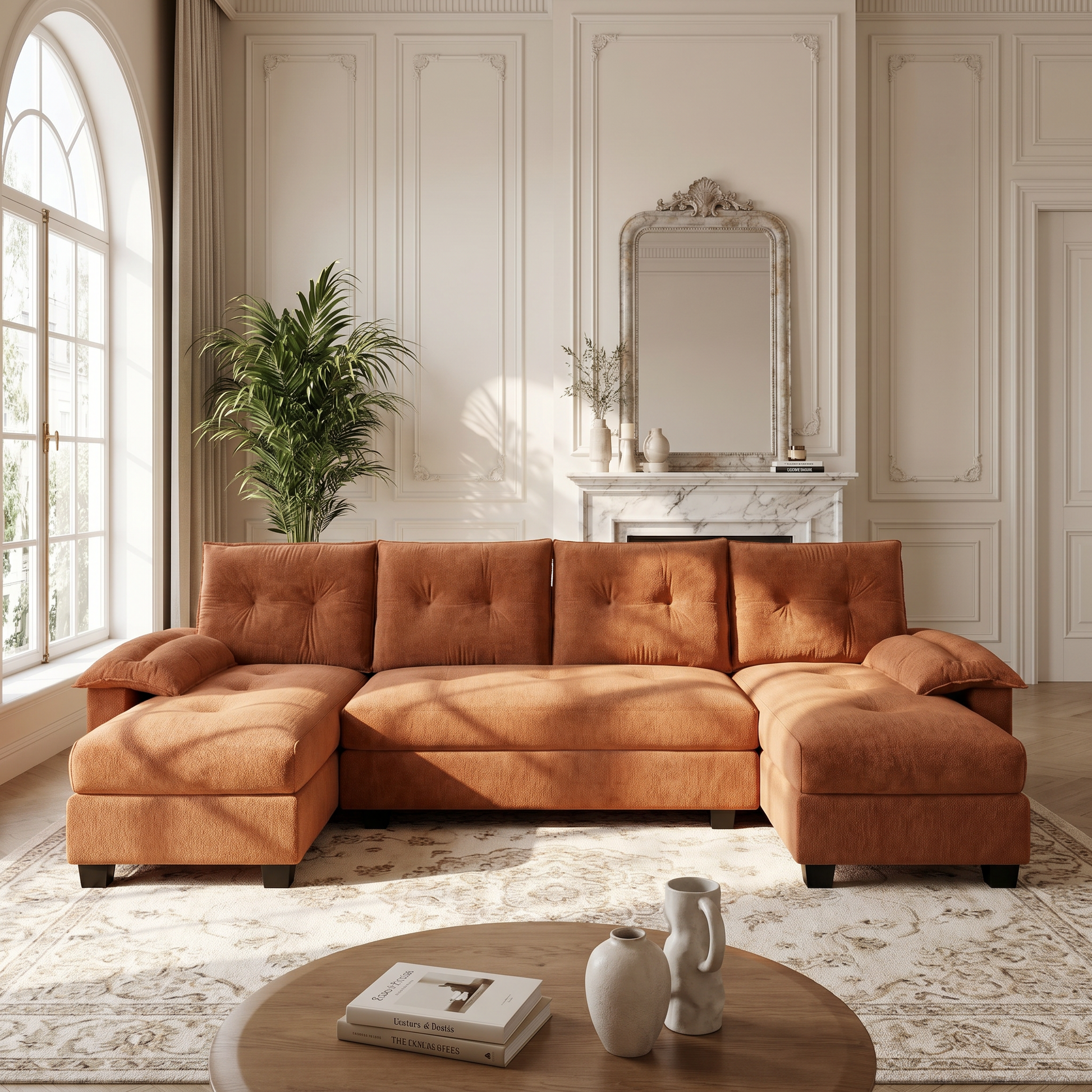 Clovis orange U-shaped sleeper sofa showing front lifestyle view in elegant living room