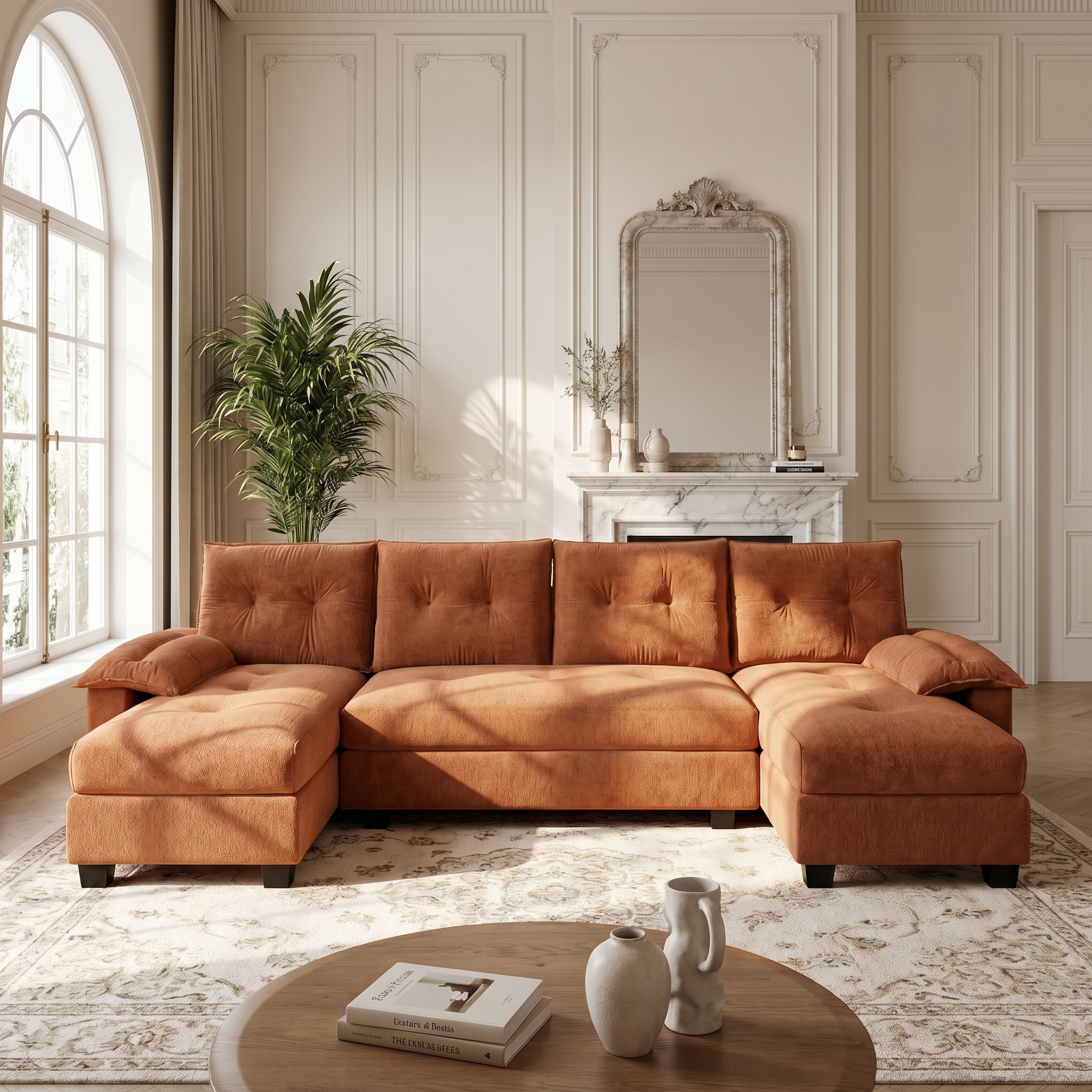Clovis orange U-shaped sleeper sofa showing front lifestyle view in elegant living room