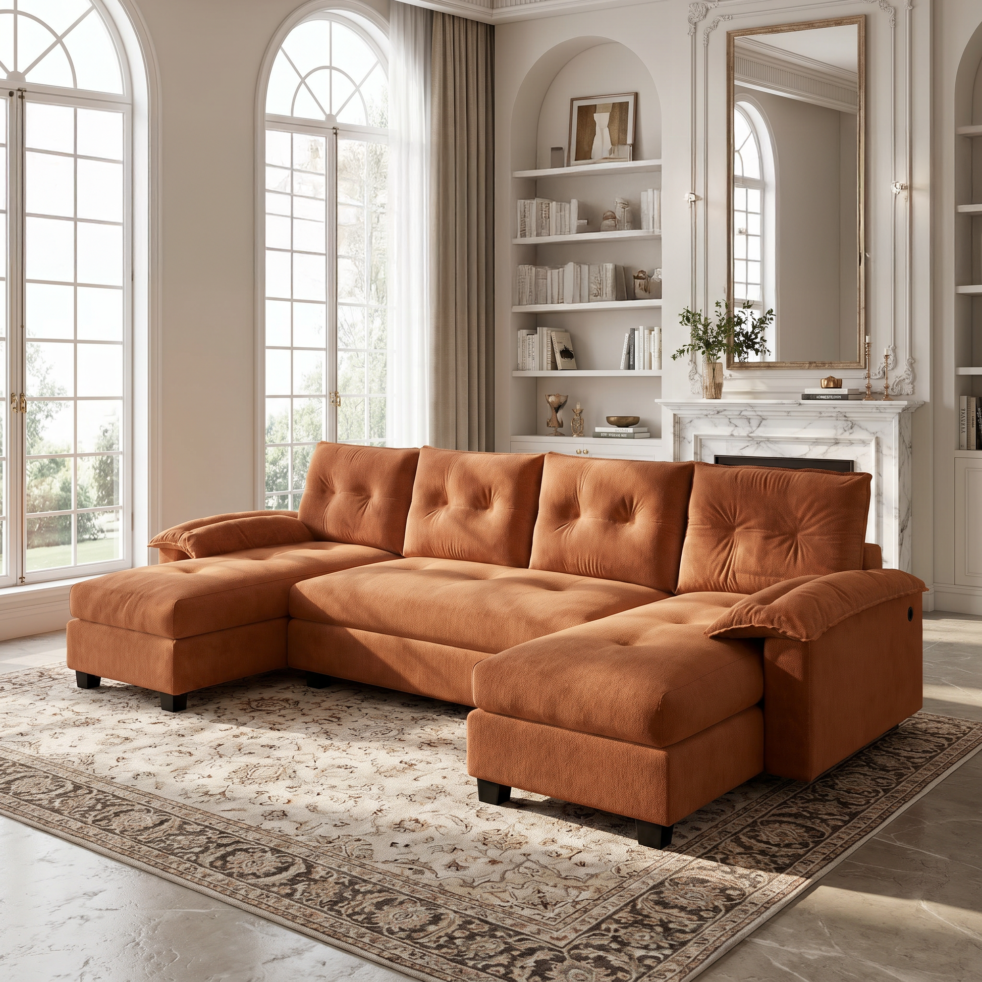 Clovis orange sectional sleeper sofa showing angled lifestyle view with chaise lounges