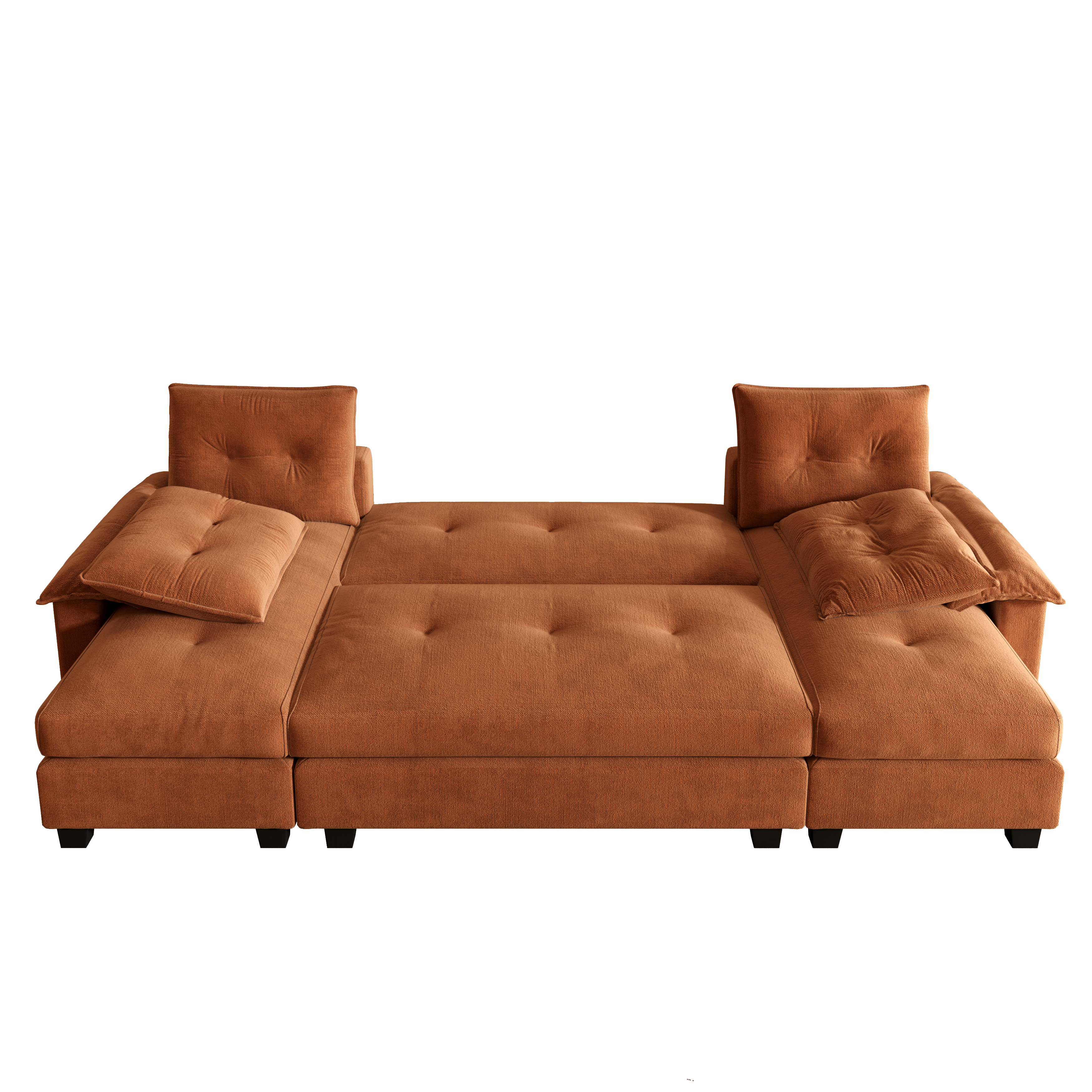 Clovis orange sleeper sofa showing flat bed configuration with pillows