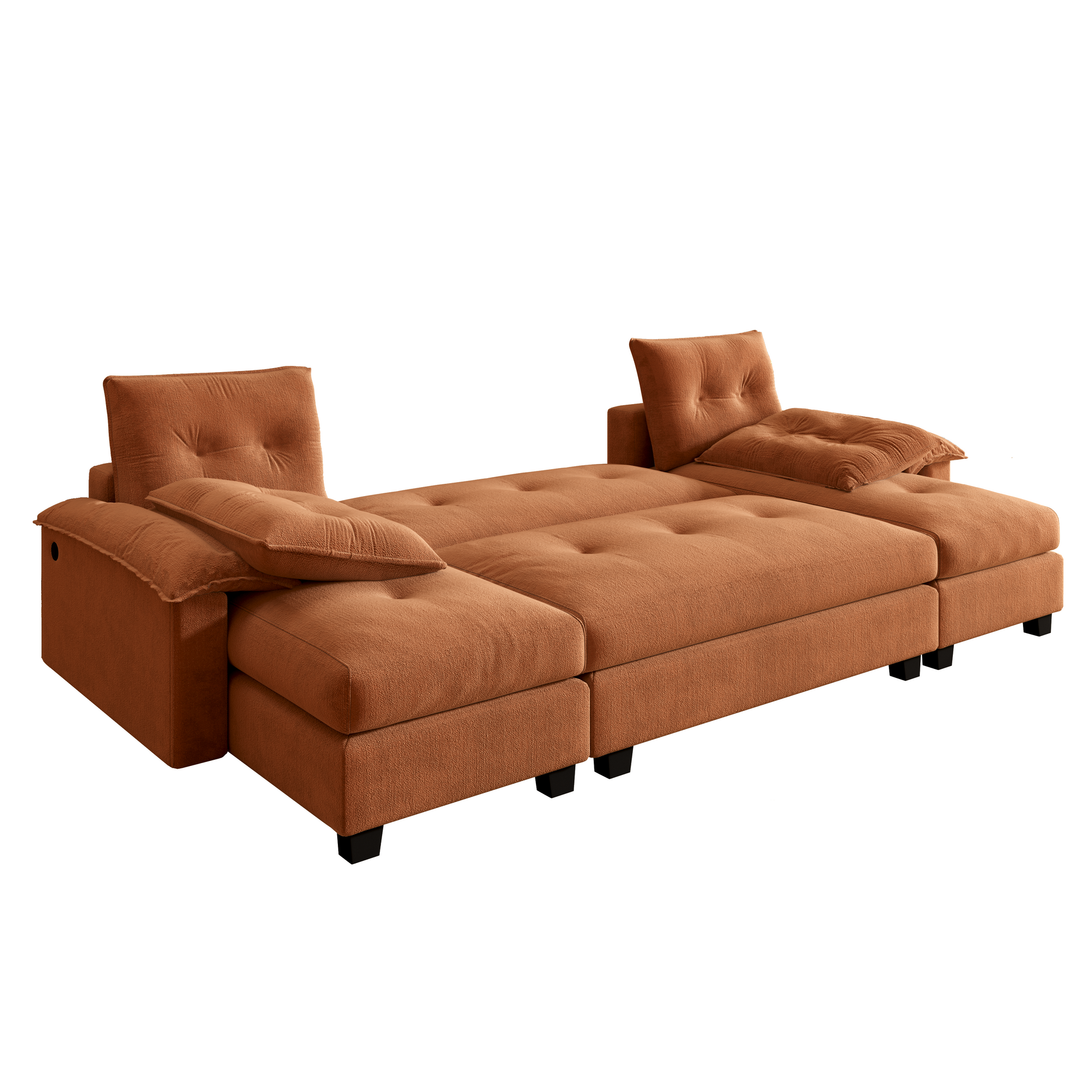  Clovis orange sleeper sectional sofa showing extended bed side angle view