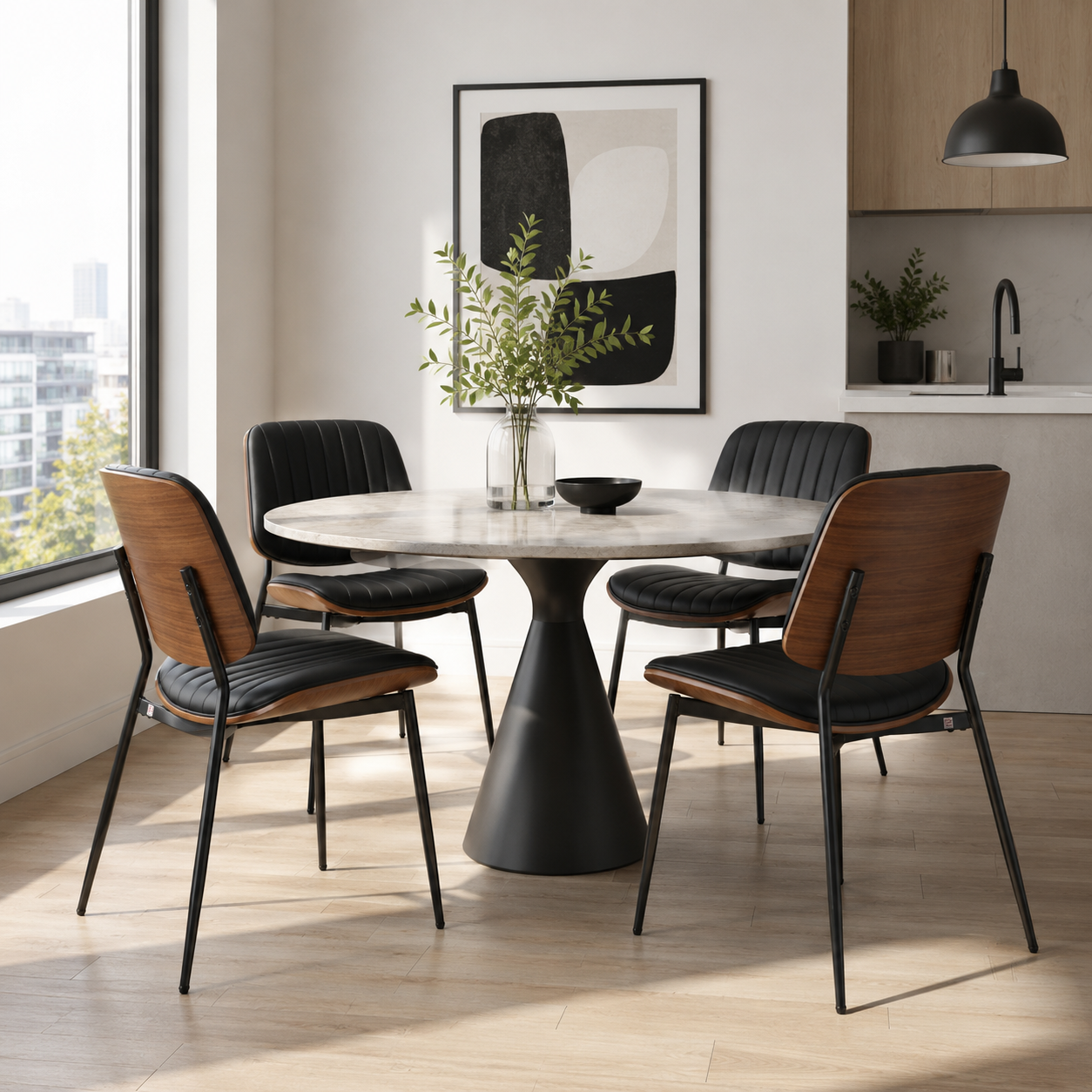 Colorado black PU leather dining chairs with wood backs and metal legs around a round wood dining table