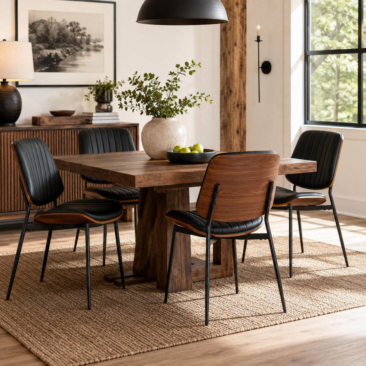 Colorado black dining chair set in a bright dining room with a round wood table and warm decor