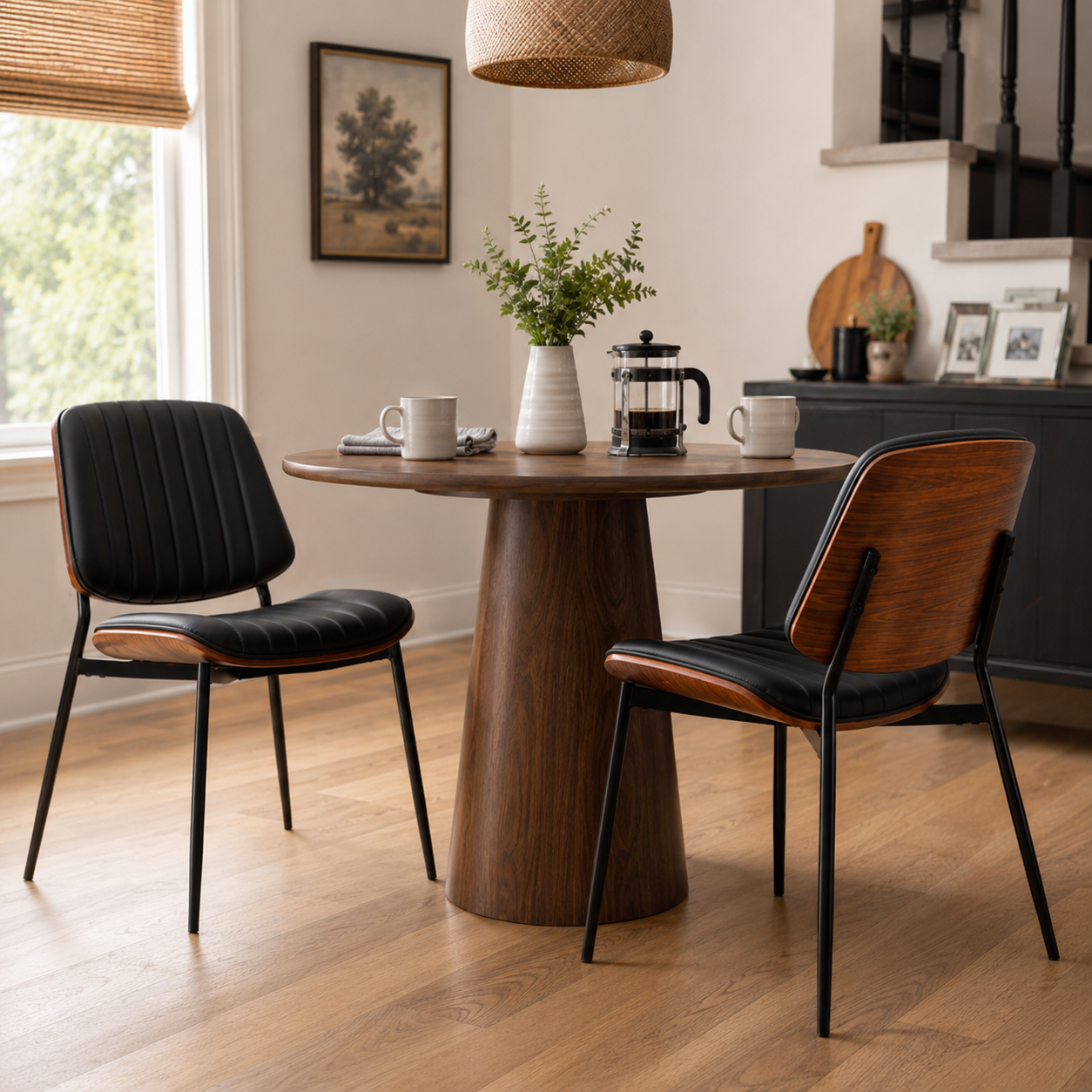 Colorado black PU leather dining chairs in a modern dining room with natural light