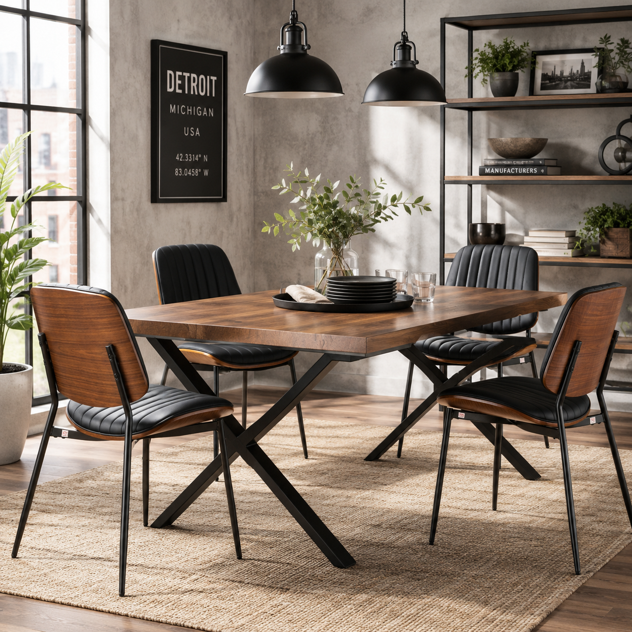 Colorado black PU leather dining chair set with metal legs in a bright modern dining area