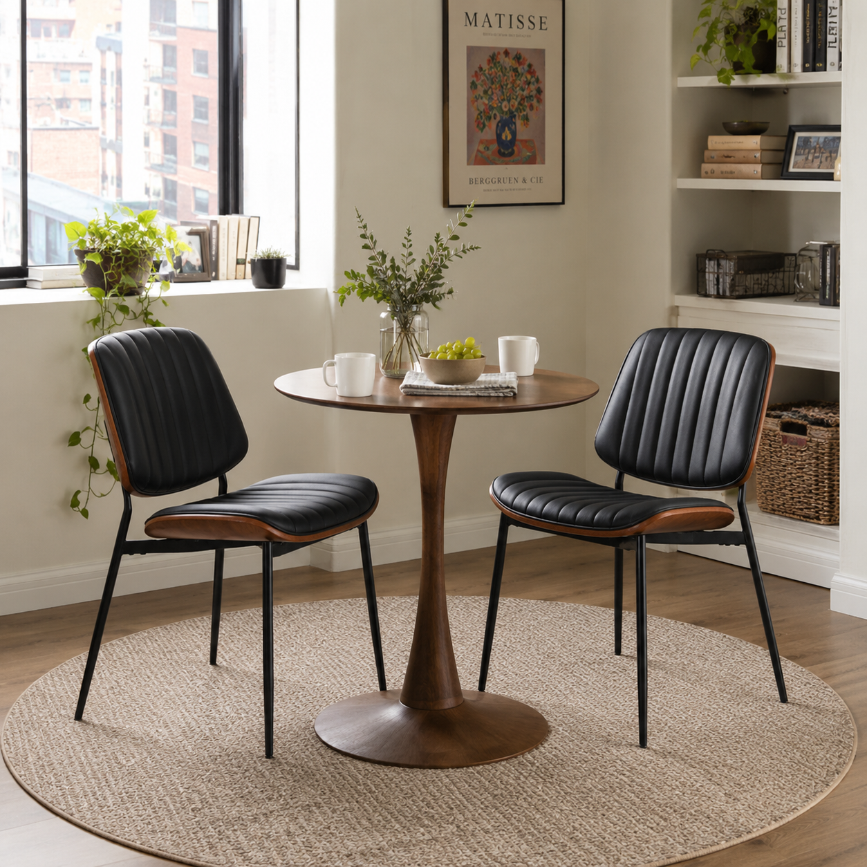 Colorado black PU leather dining chair set with metal legs in a bright modern dining area