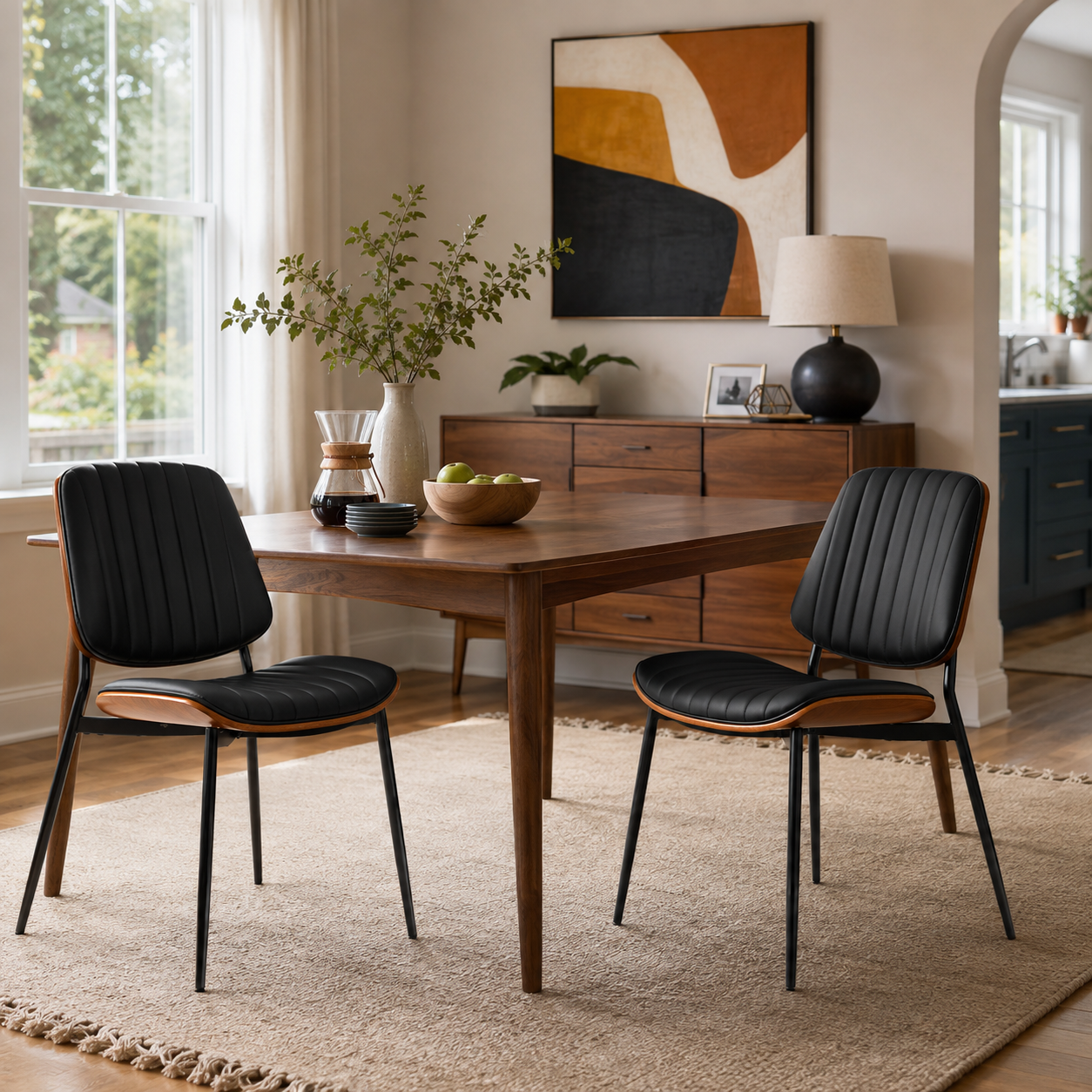 Colorado black PU leather dining chair set with metal legs in a bright modern dining area
