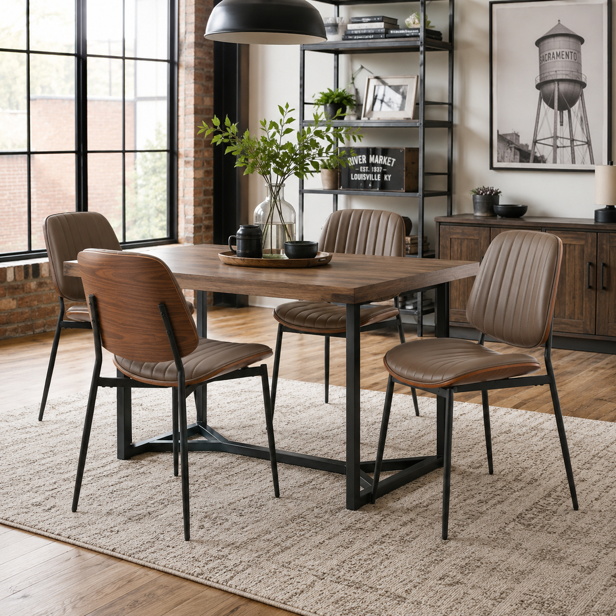 Colorado brown PU leather dining chairs with wood backs and metal legs around a rectangular wood dining table