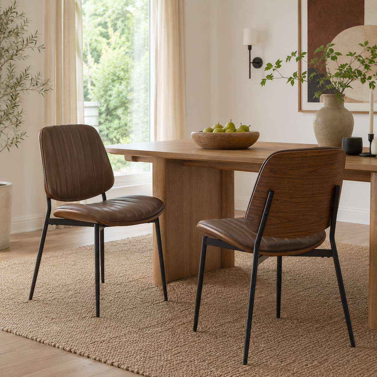 Colorado brown dining chair set in an industrial-style dining room with wood shelving and rug