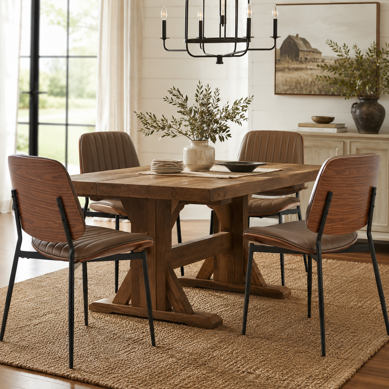 Colorado brown PU leather dining chairs beside a round wood dining table in a bright room