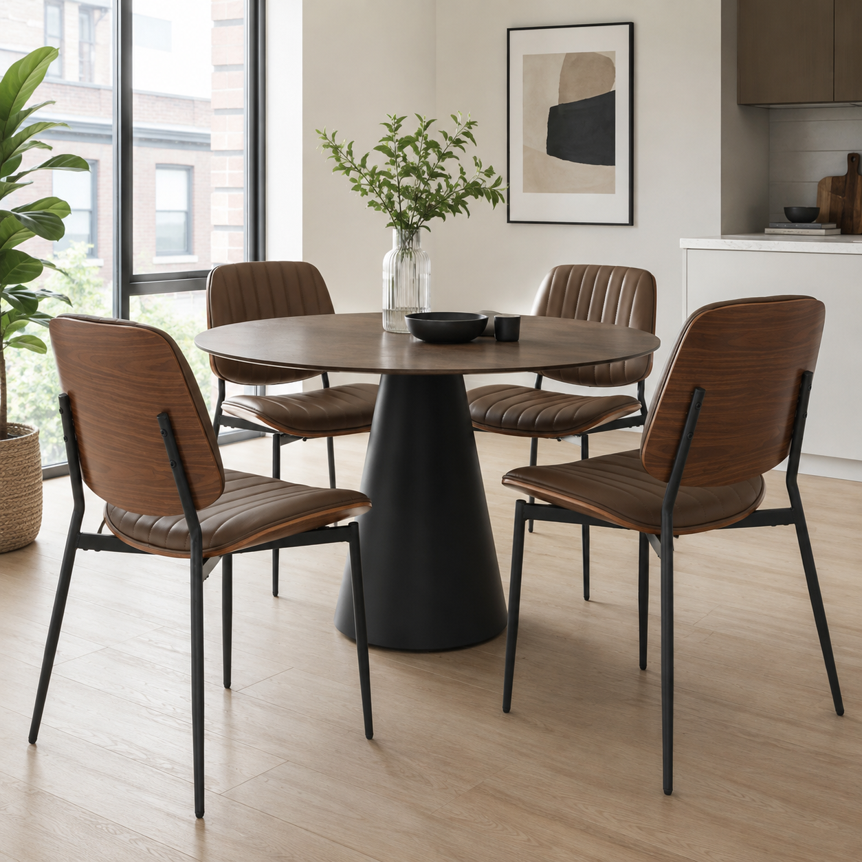 Colorado brown dining chairs with wood backs in a warm dining room with neutral decor