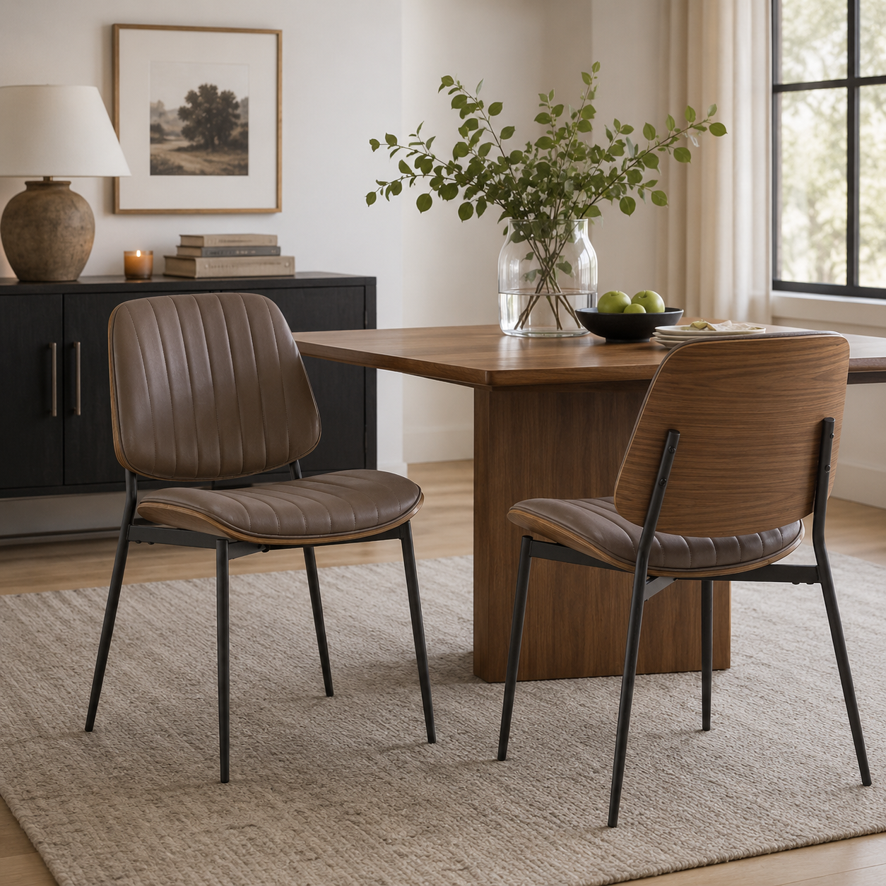 Colorado brown PU leather dining chair set in a modern dining area with wood and black accents
