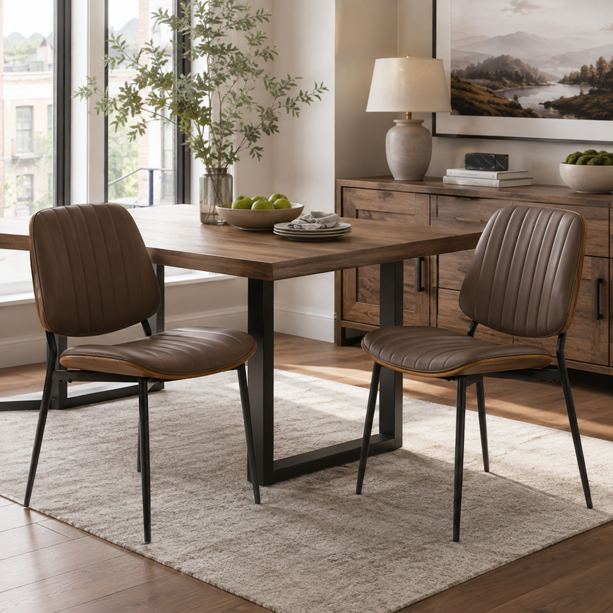Colorado brown dining chairs around a dining table in a cozy contemporary home setting