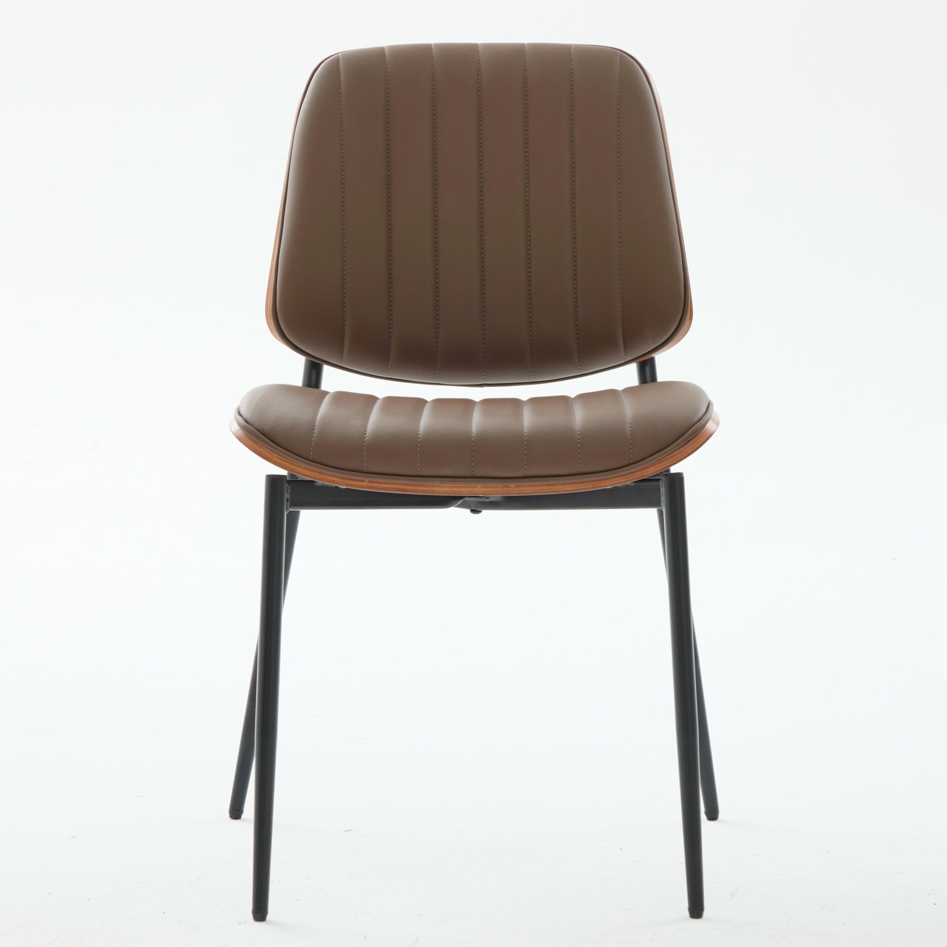 Colorado brown PU leather dining chair straight front view with wood back on white background