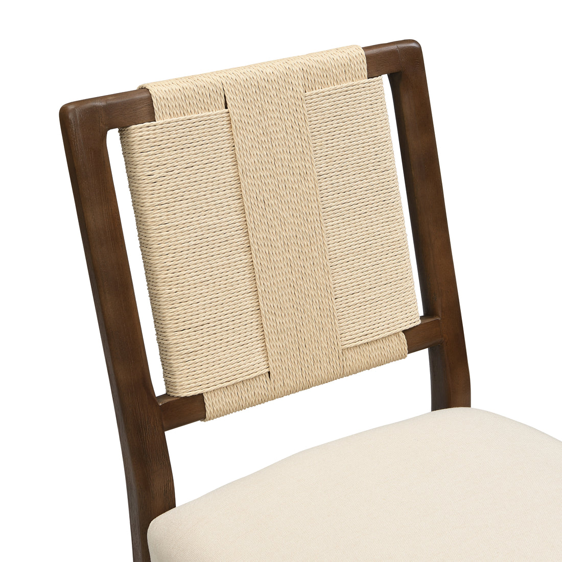 Constance brown dining chair close-up of the upholstered back and solid rubberwood frame