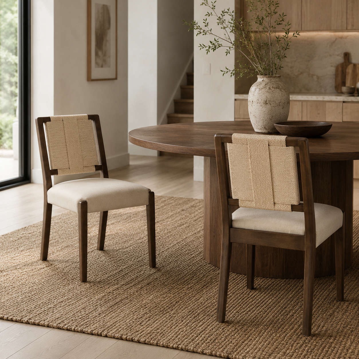 Constance brown woven rope dining chairs with solid rubberwood frames around a wood dining table