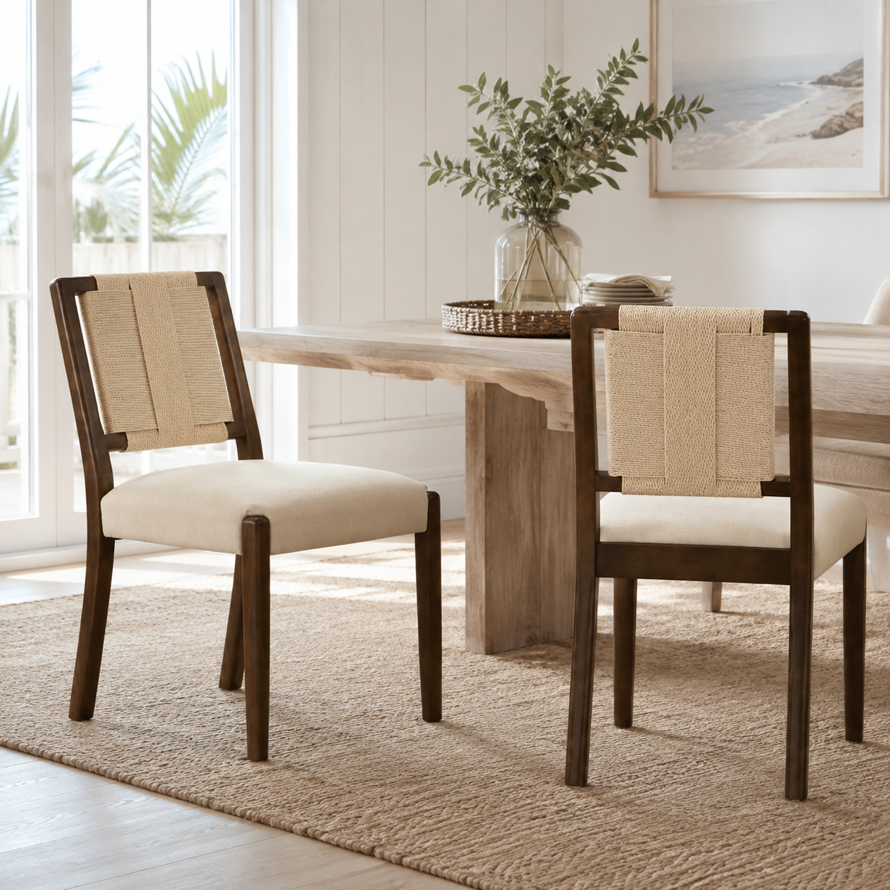 Constance brown dining chairs in a bright dining room with natural wood furniture and neutral decor