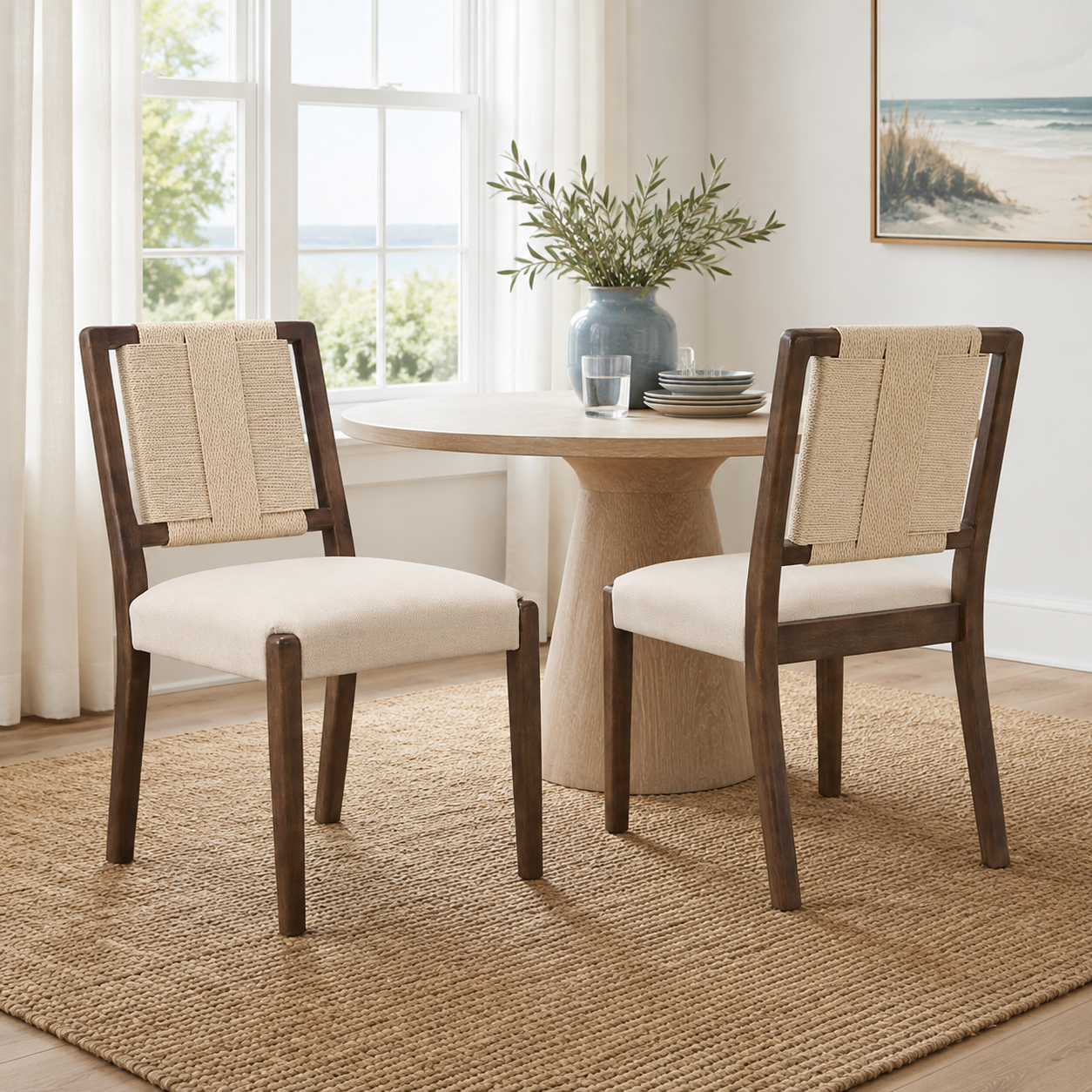 Constance brown woven rope dining chairs beside a rectangular wood table in a warm dining space