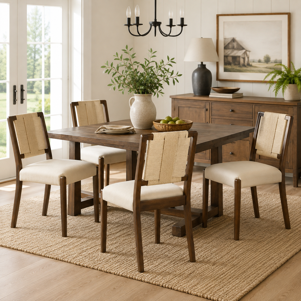 Constance brown upholstered dining chairs with woven backs in a sunlit modern dining room