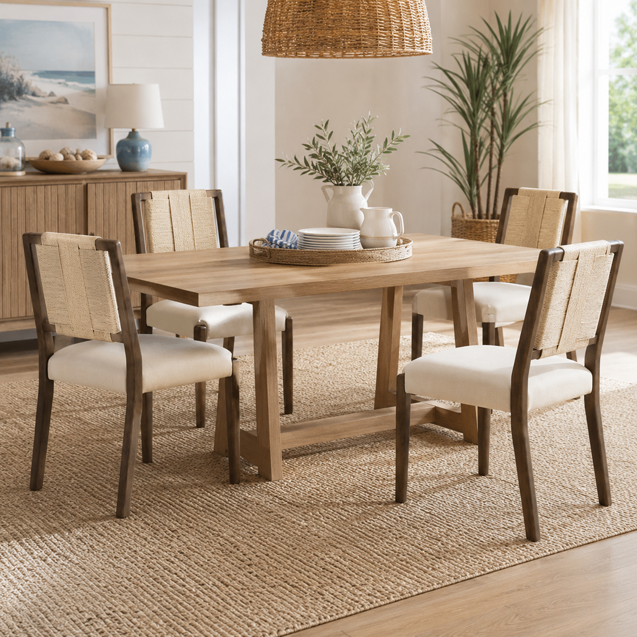 Constance brown dining chairs around a wood dining table in a cozy contemporary room